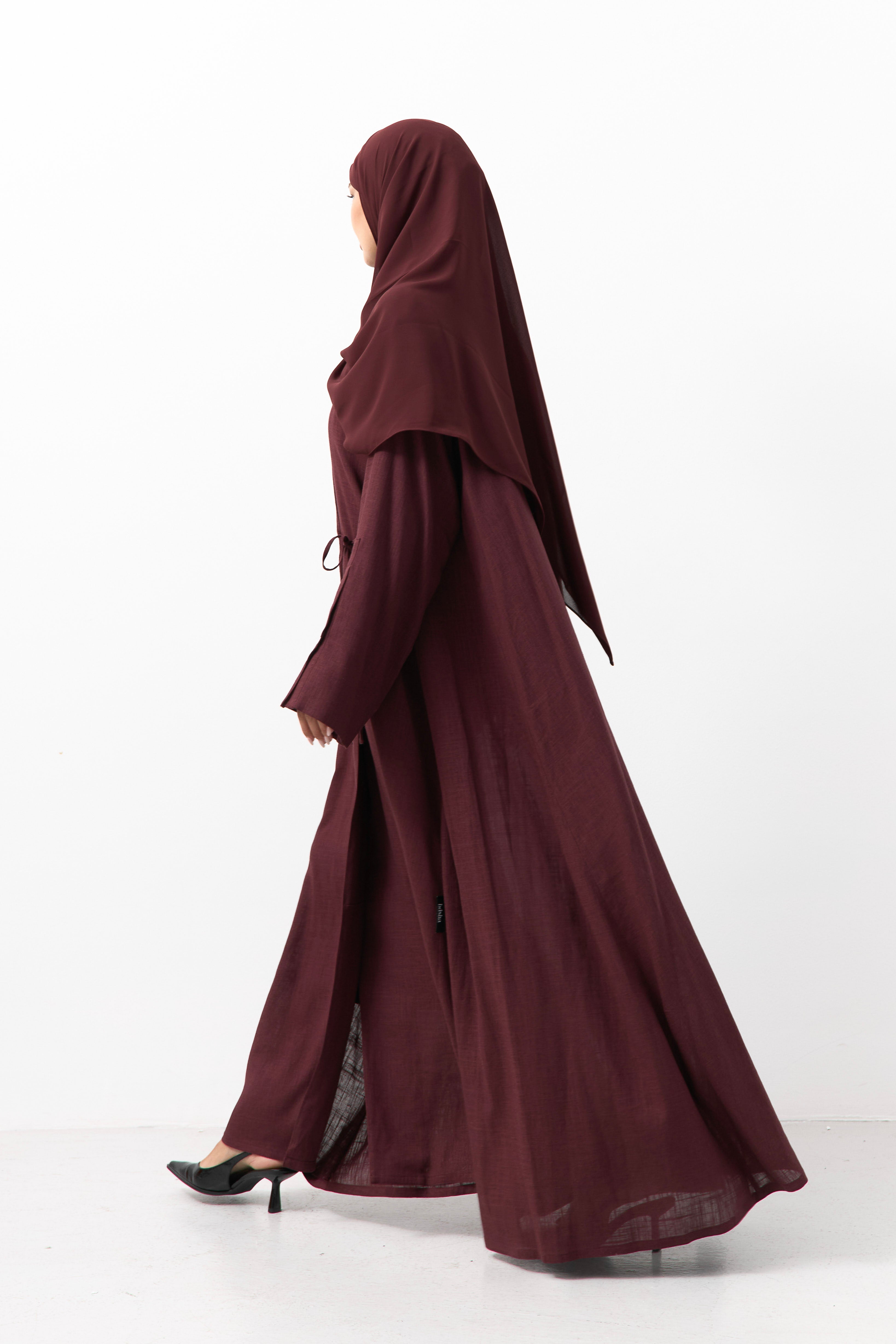 Maroon Linen Wrap Open Abaya - 3 Weeks