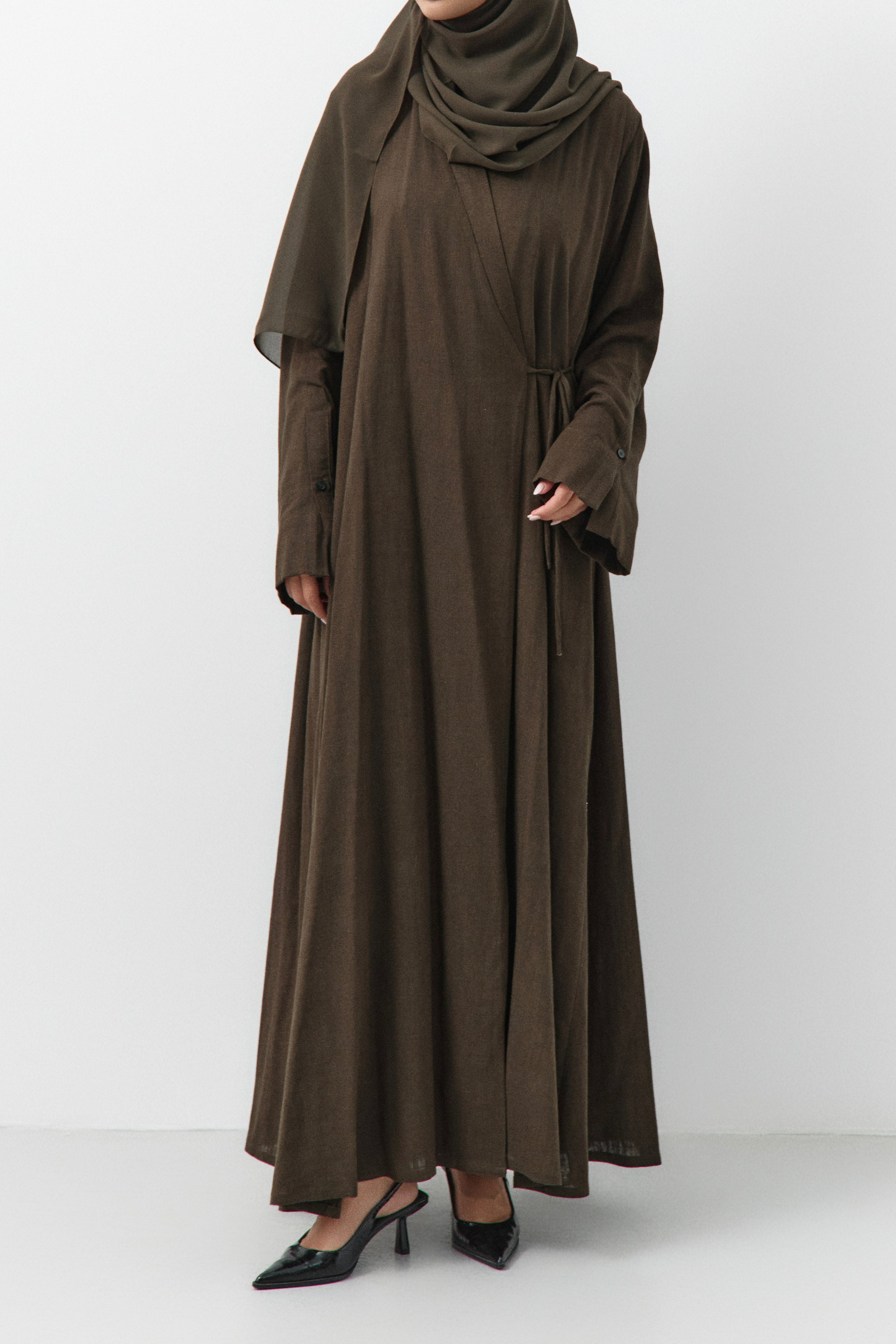Dark Olive Linen Wrap Open Abaya - 3 Weeks