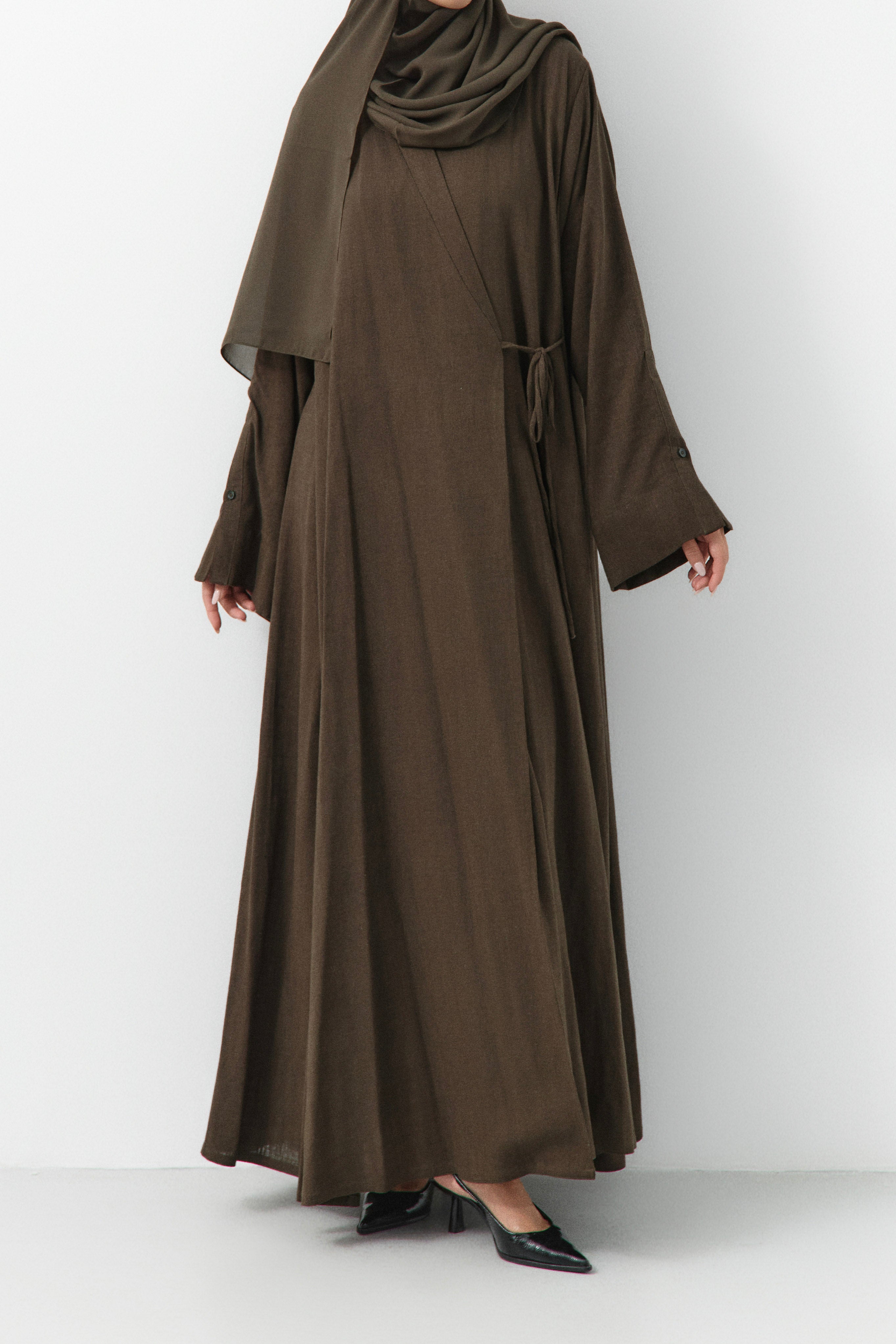 Dark Olive Linen Wrap Open Abaya - 3 Weeks
