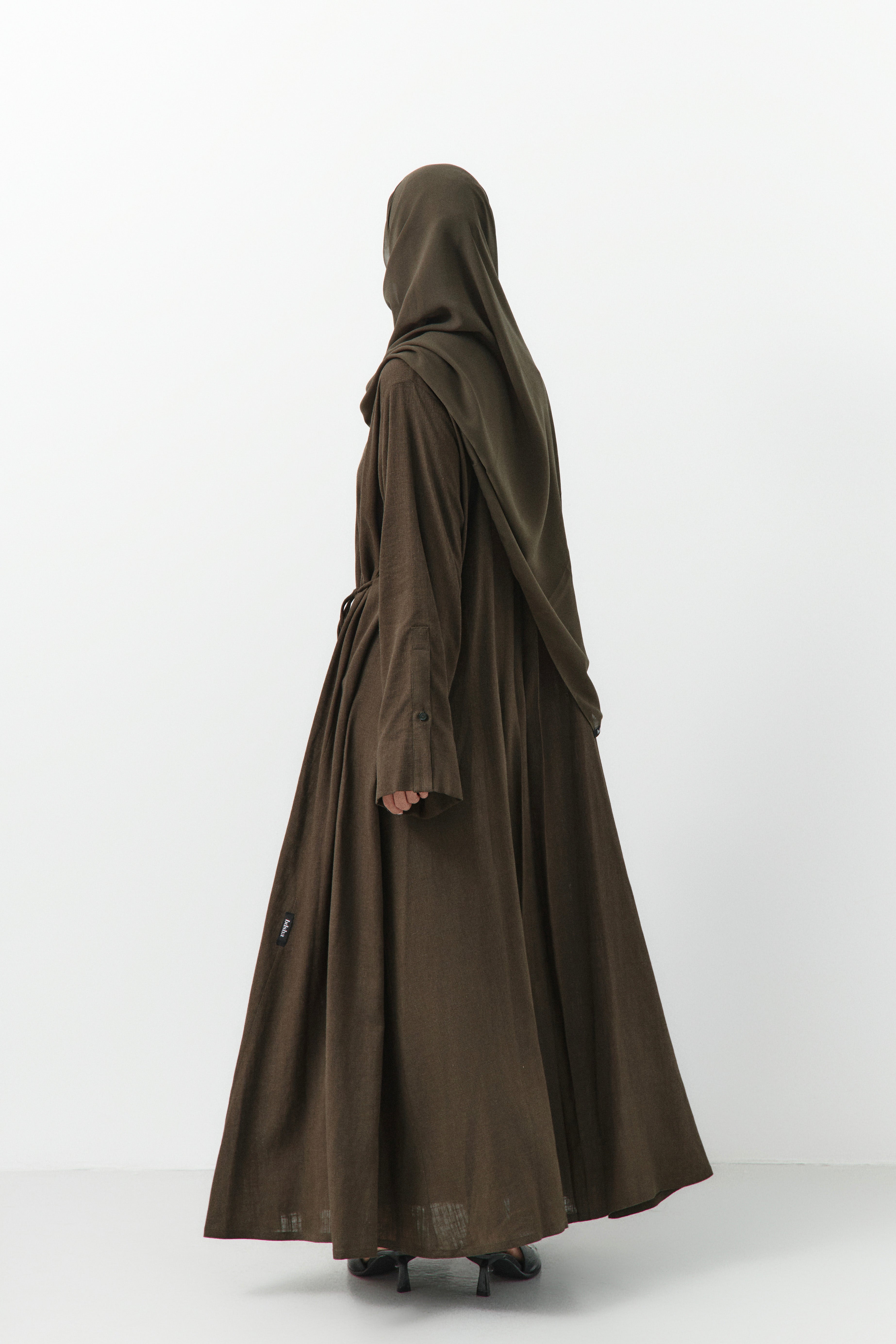 Dark Olive Linen Wrap Open Abaya - 3 Weeks