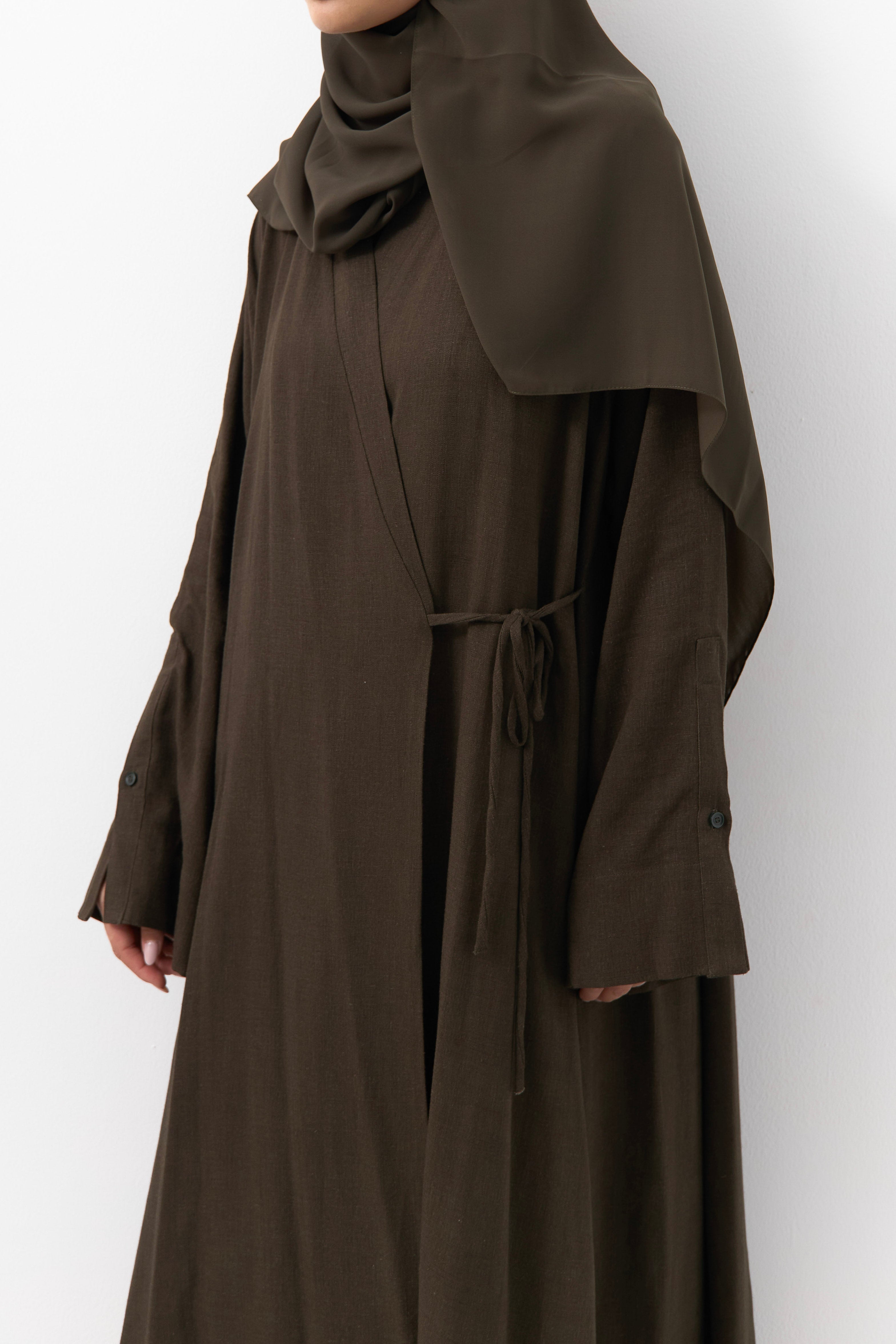 Dark Olive Linen Wrap Open Abaya - 3 Weeks