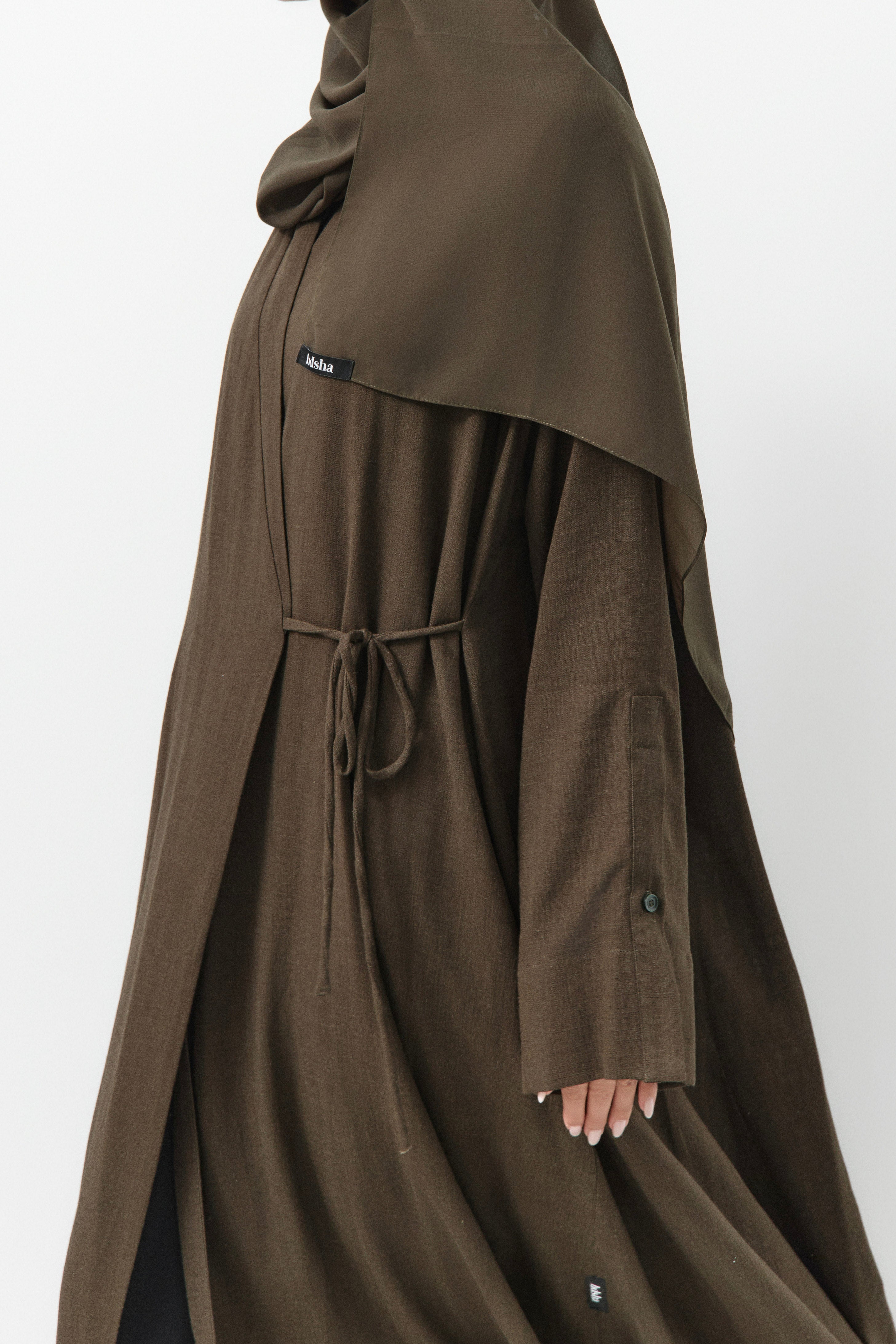 Dark Olive Linen Wrap Open Abaya - 3 Weeks