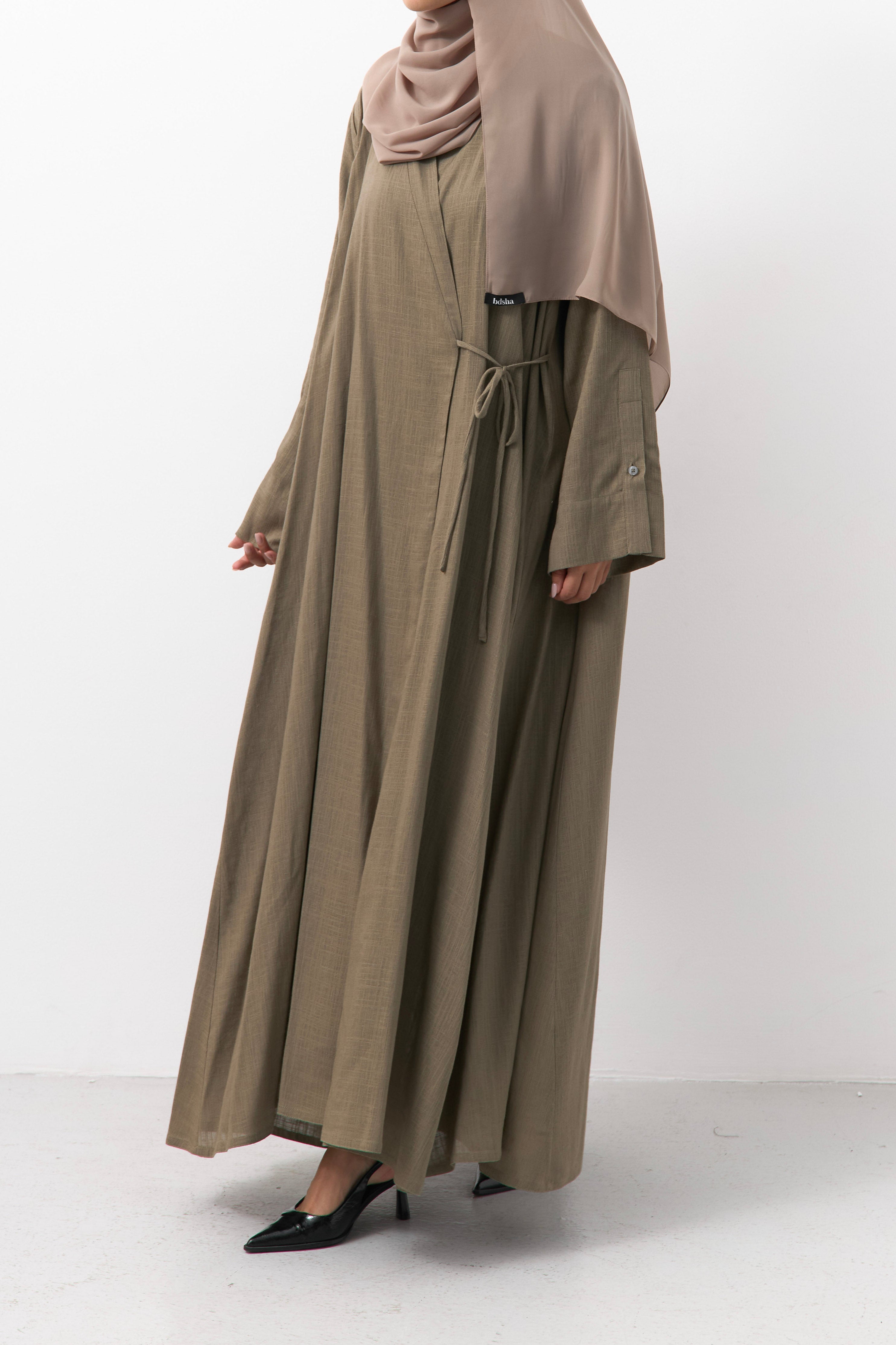 Light Brown Linen Wrap Open Abaya - 3 Weeks
