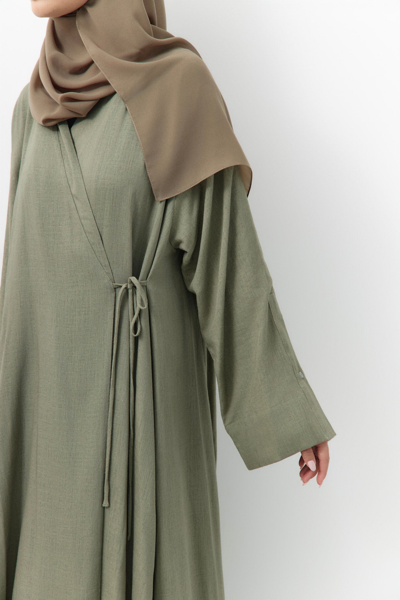 Sage Linen Wrap Open Abaya