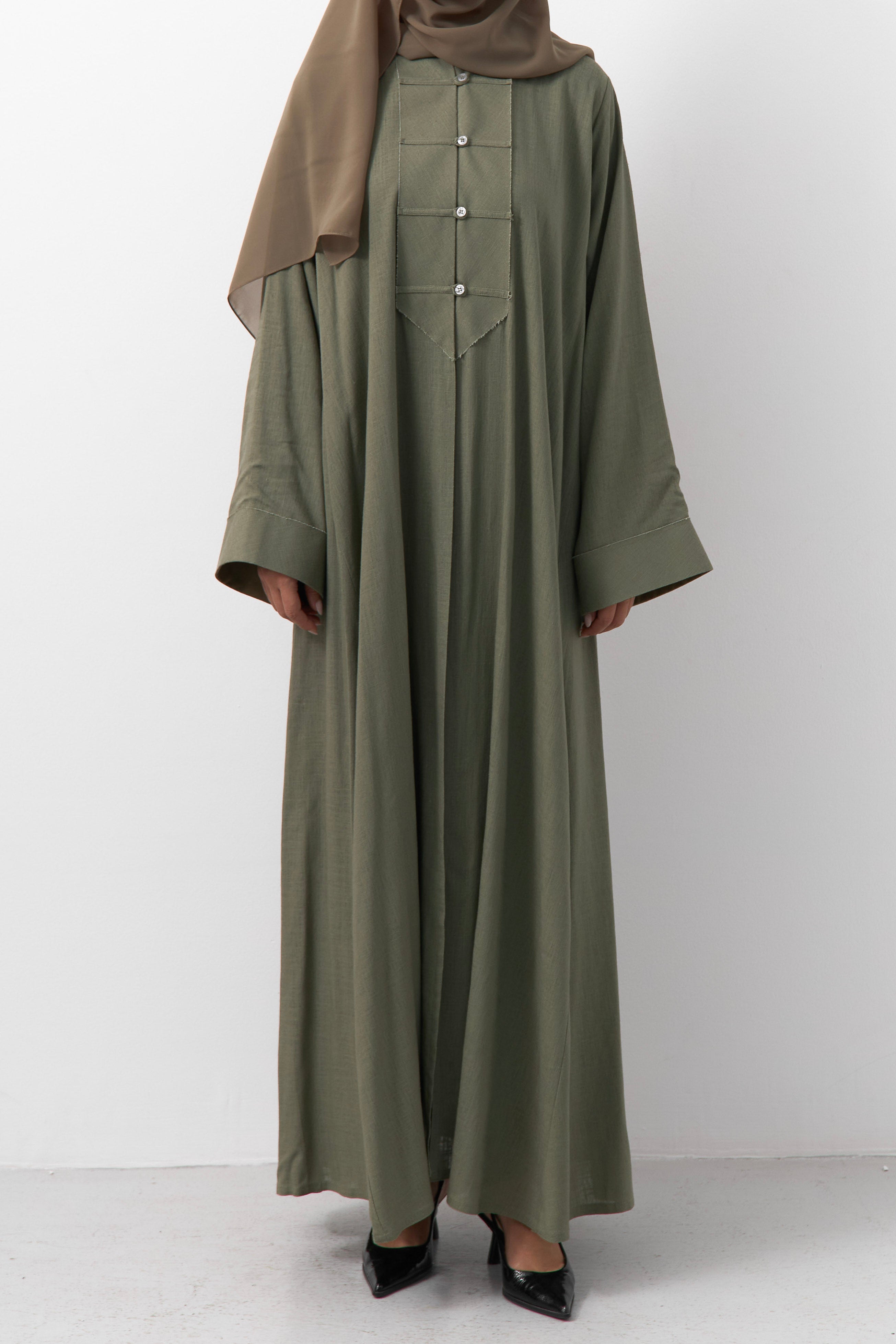 Sage Button Down Linen Open Abaya -