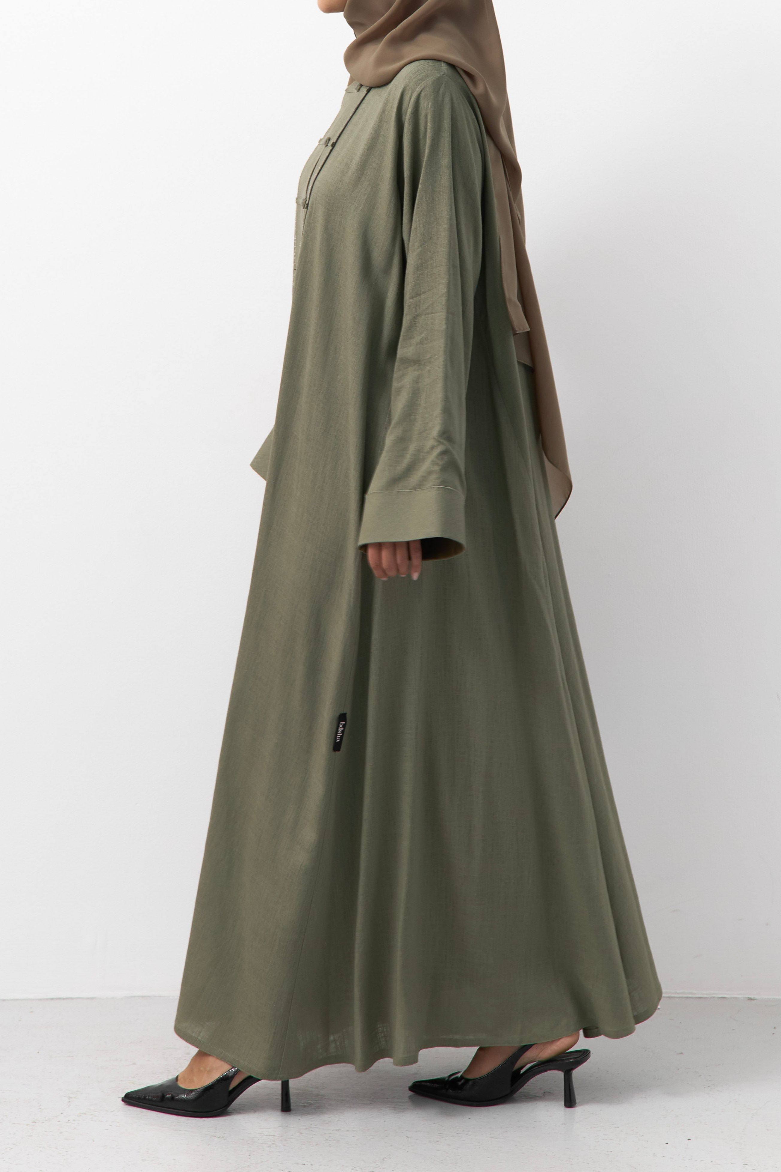 Sage Button Down Linen Open Abaya -