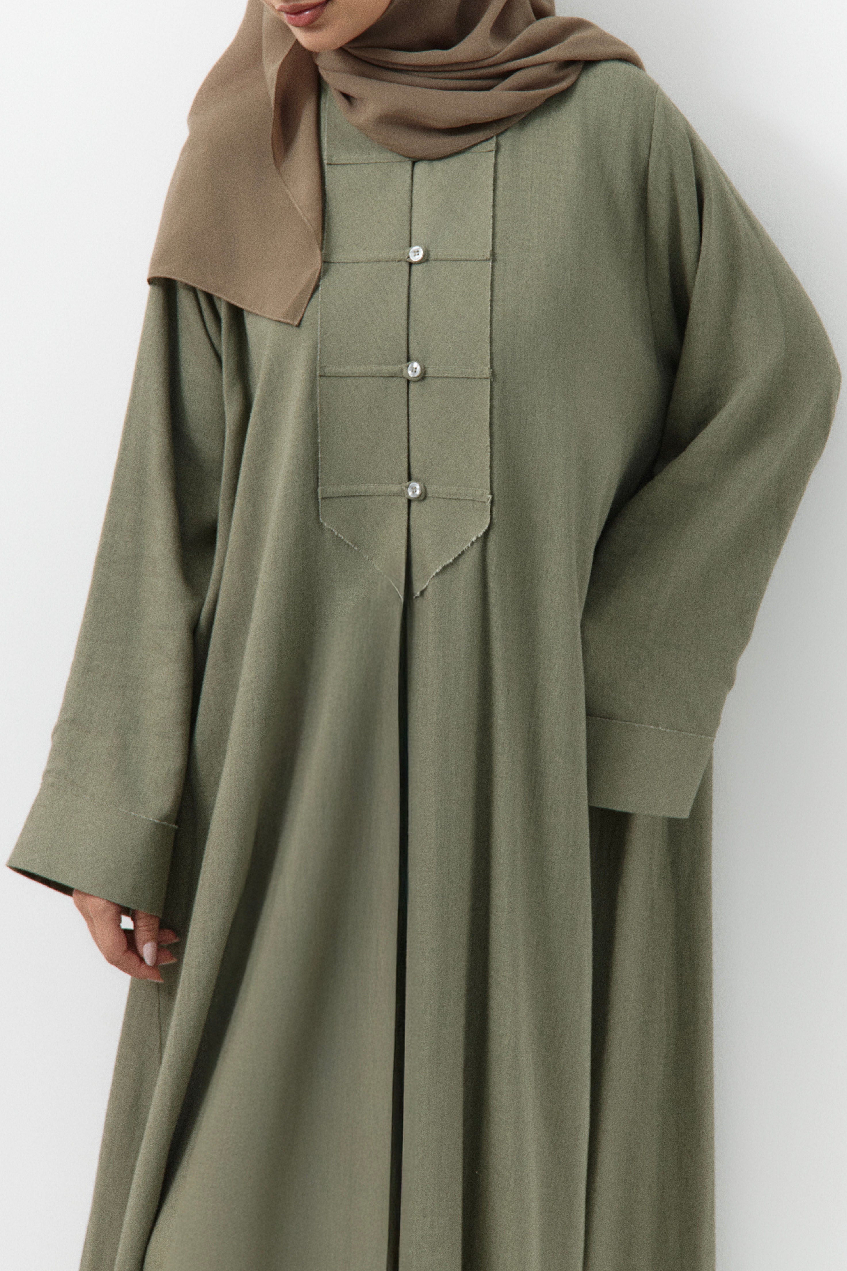 Sage Button Down Linen Open Abaya -