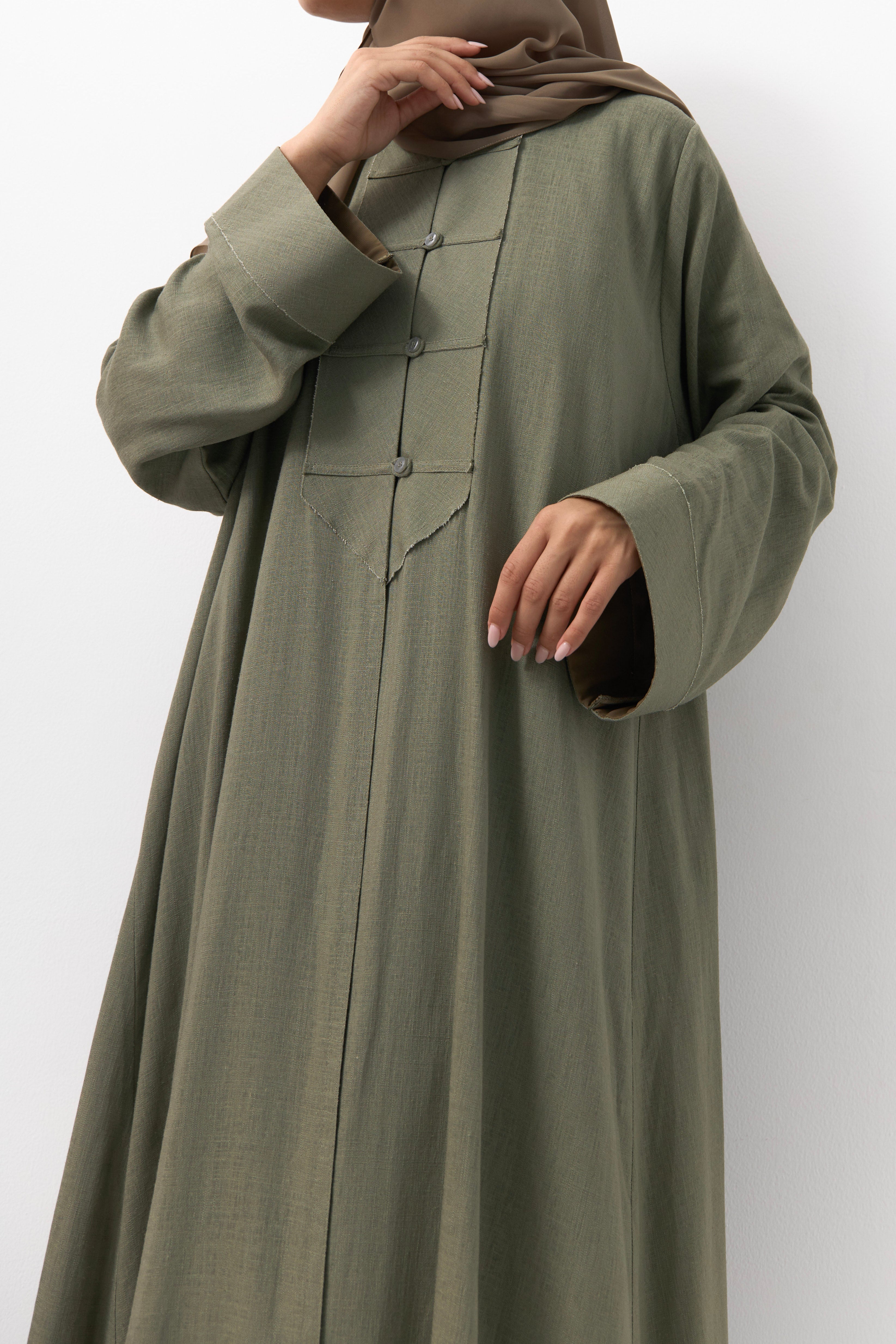 Sage Button Down Linen Open Abaya -