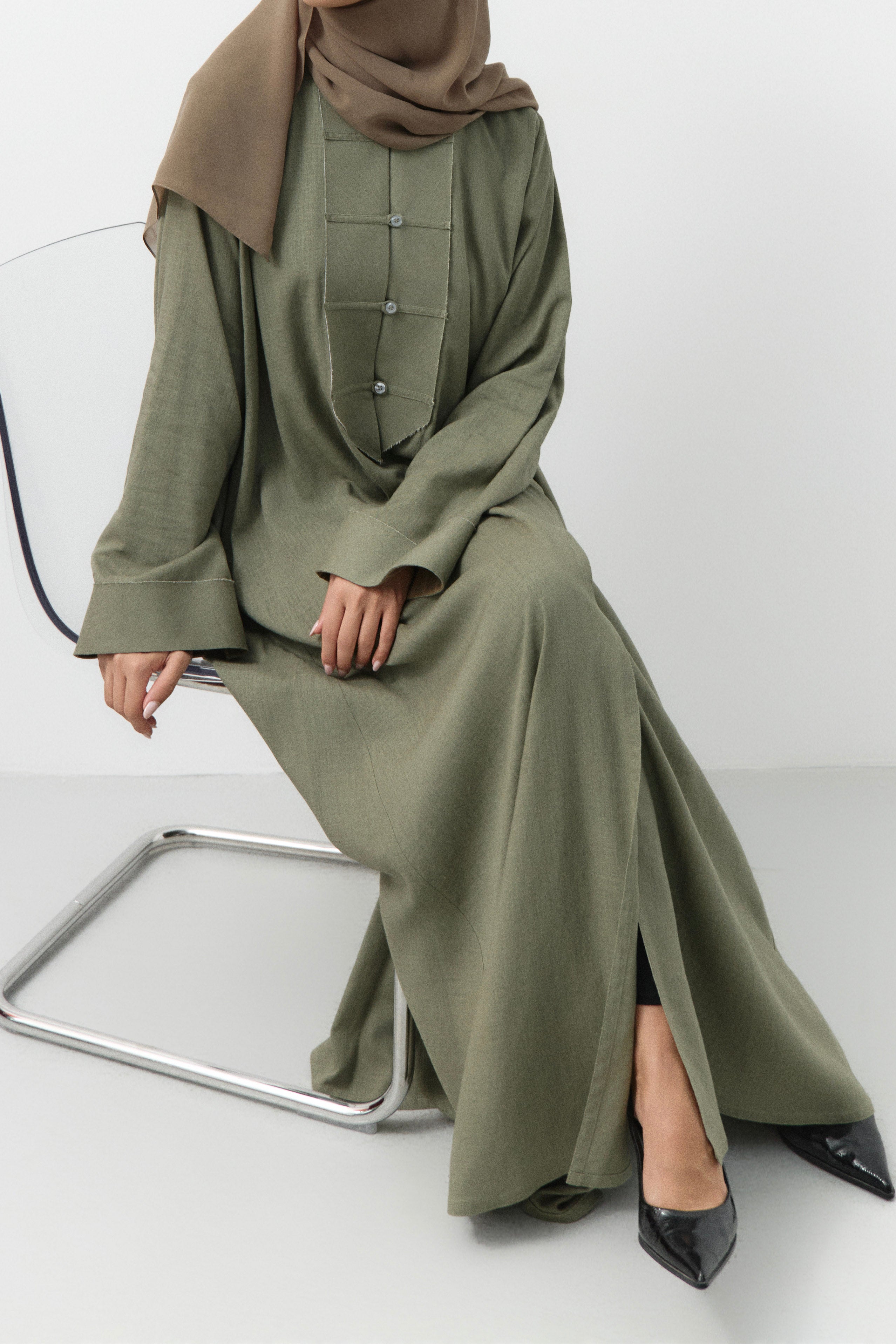 Sage Button Down Linen Open Abaya -