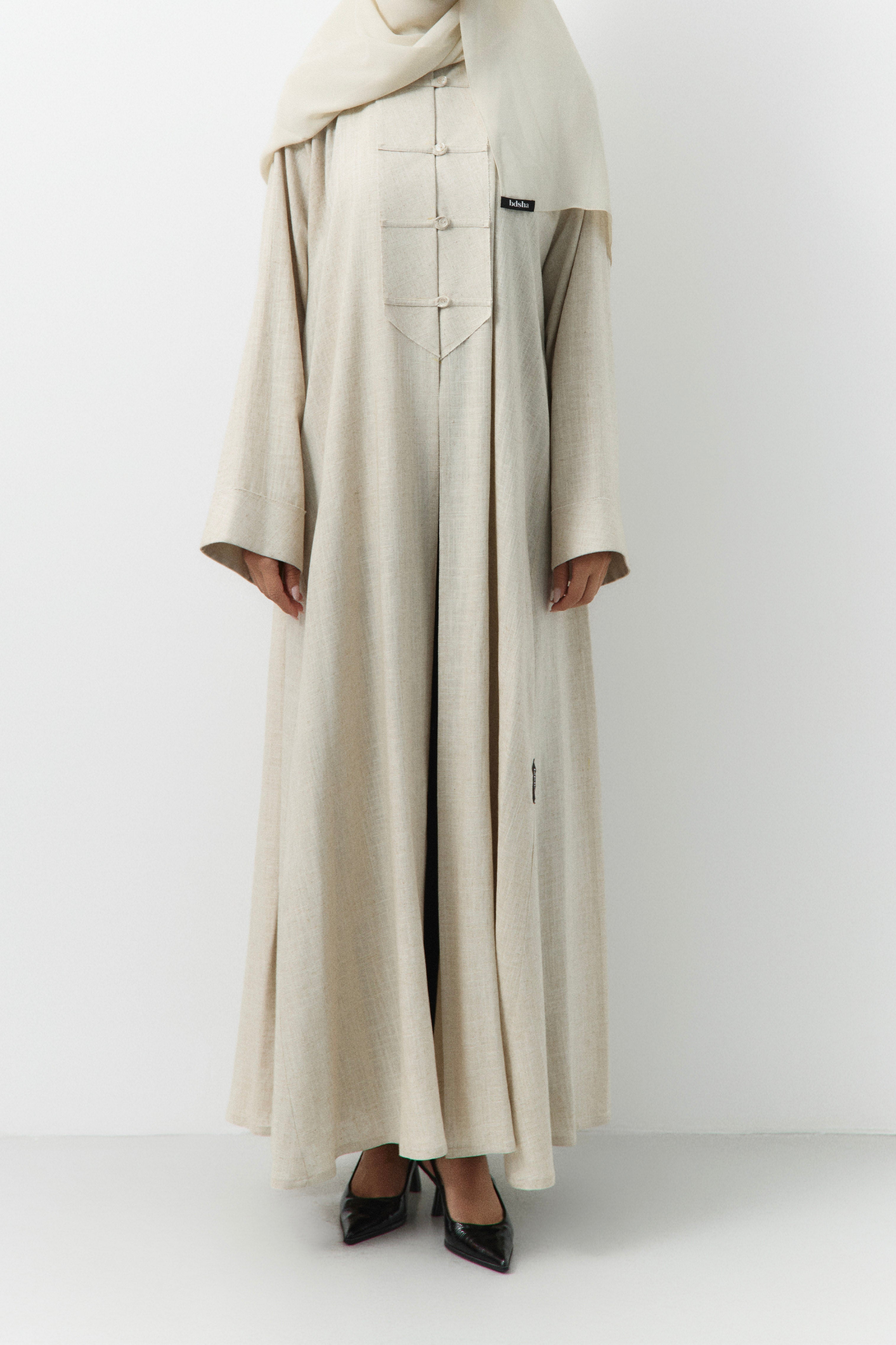 Light Cream Button Down Linen Open Abaya - 3 WEEKS