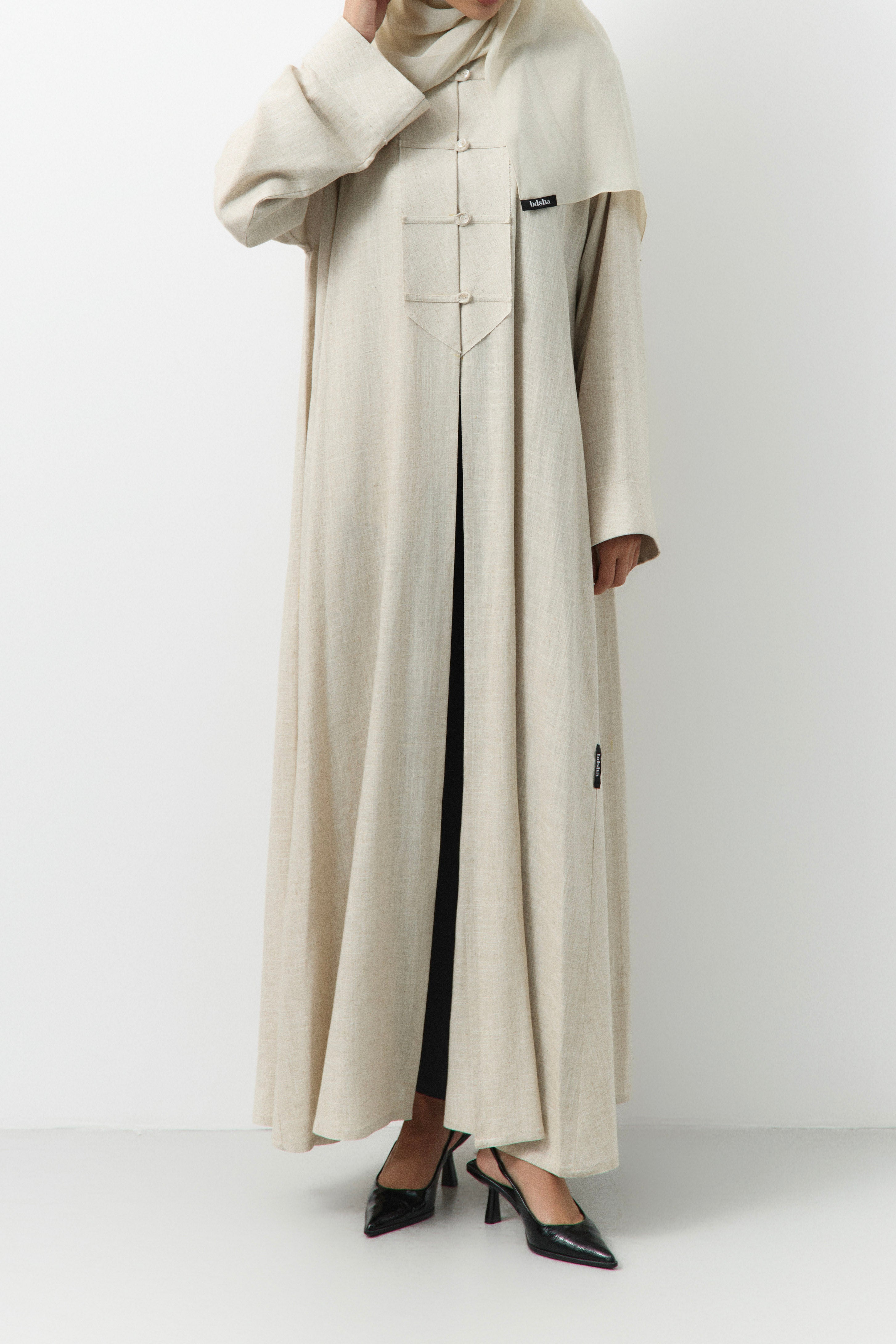 Light Cream Button Down Linen Open Abaya - 3 WEEKS