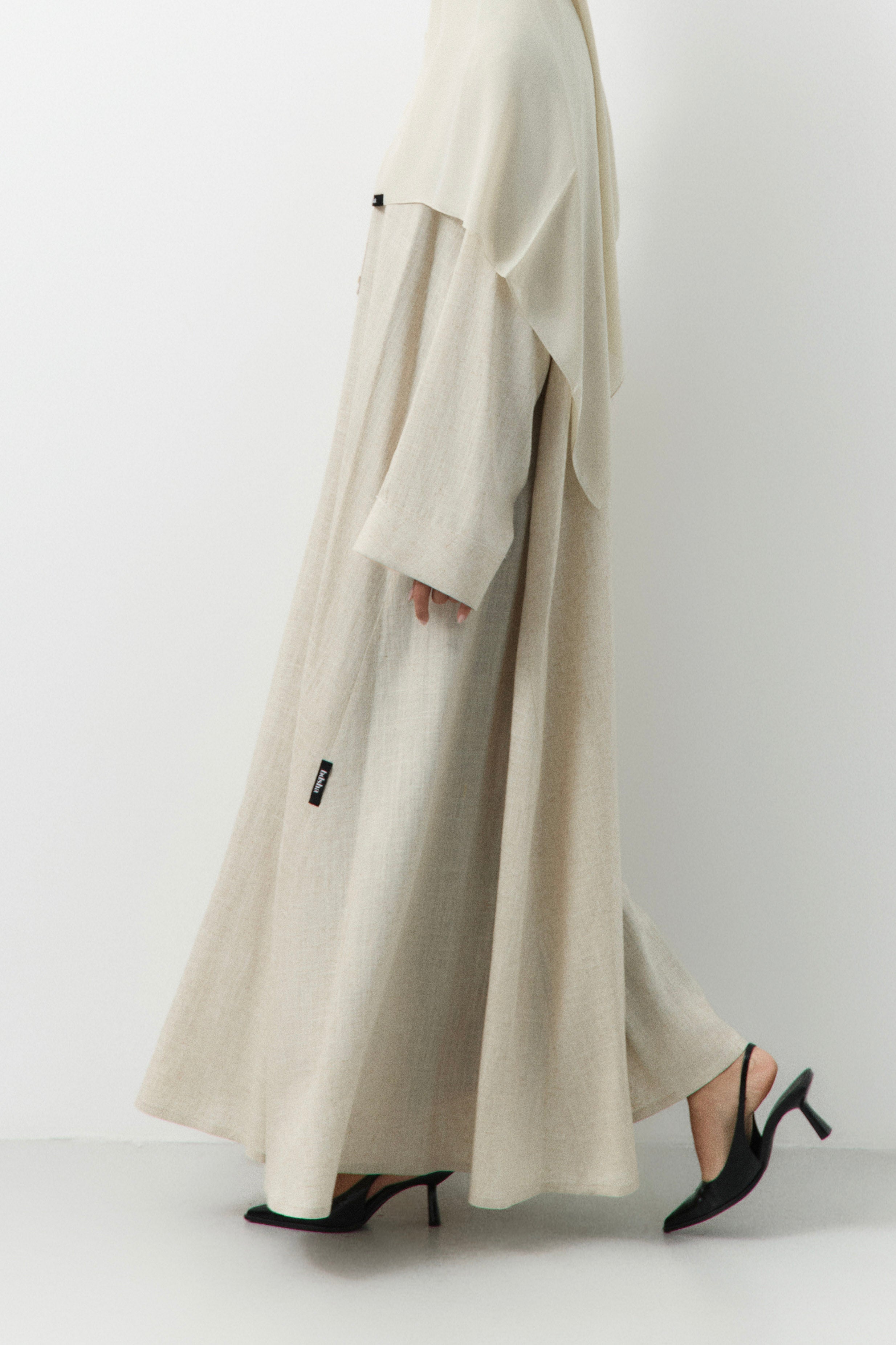 Light Cream Button Down Linen Open Abaya - 3 WEEKS