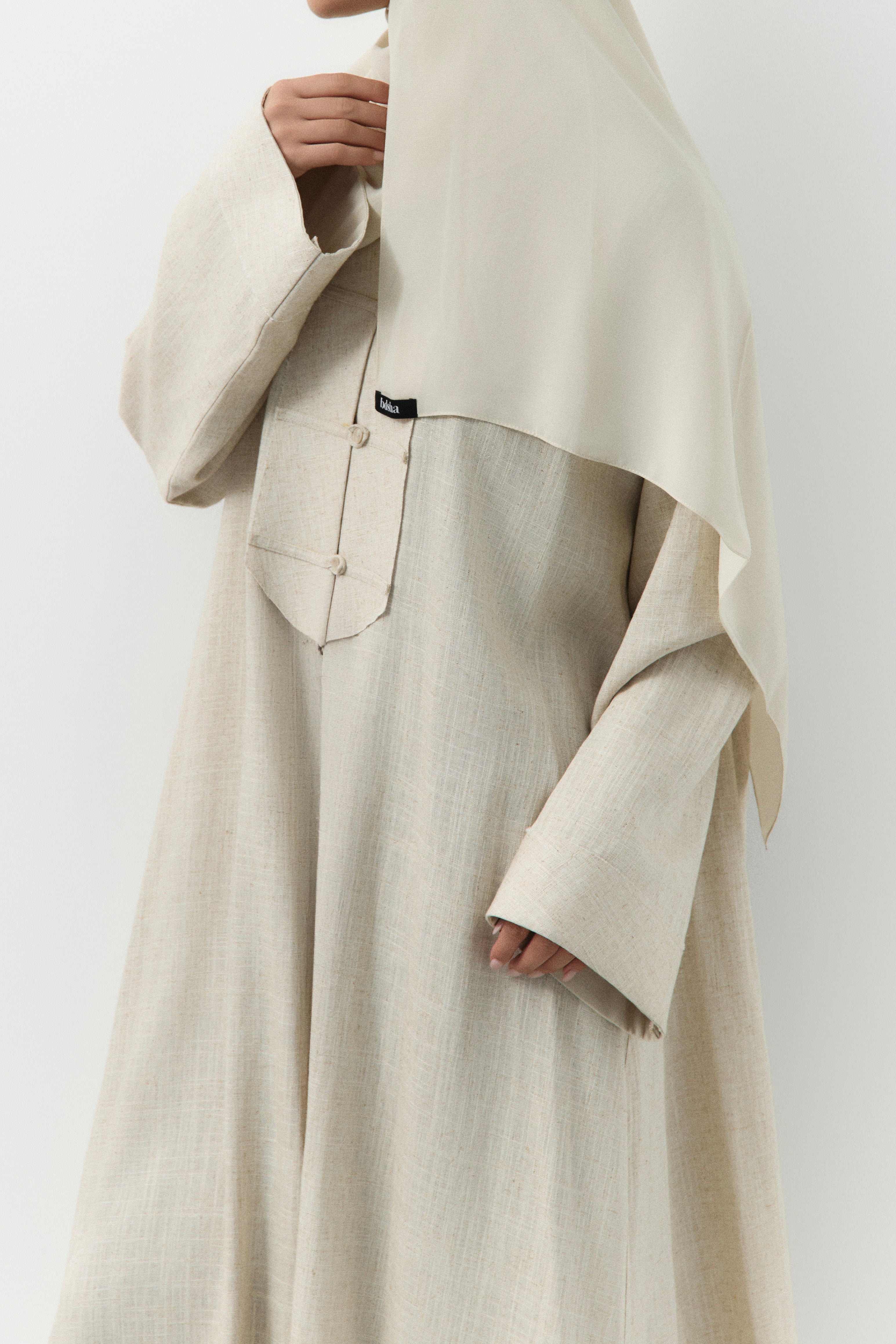 Light Cream Button Down Linen Open Abaya - 3 WEEKS