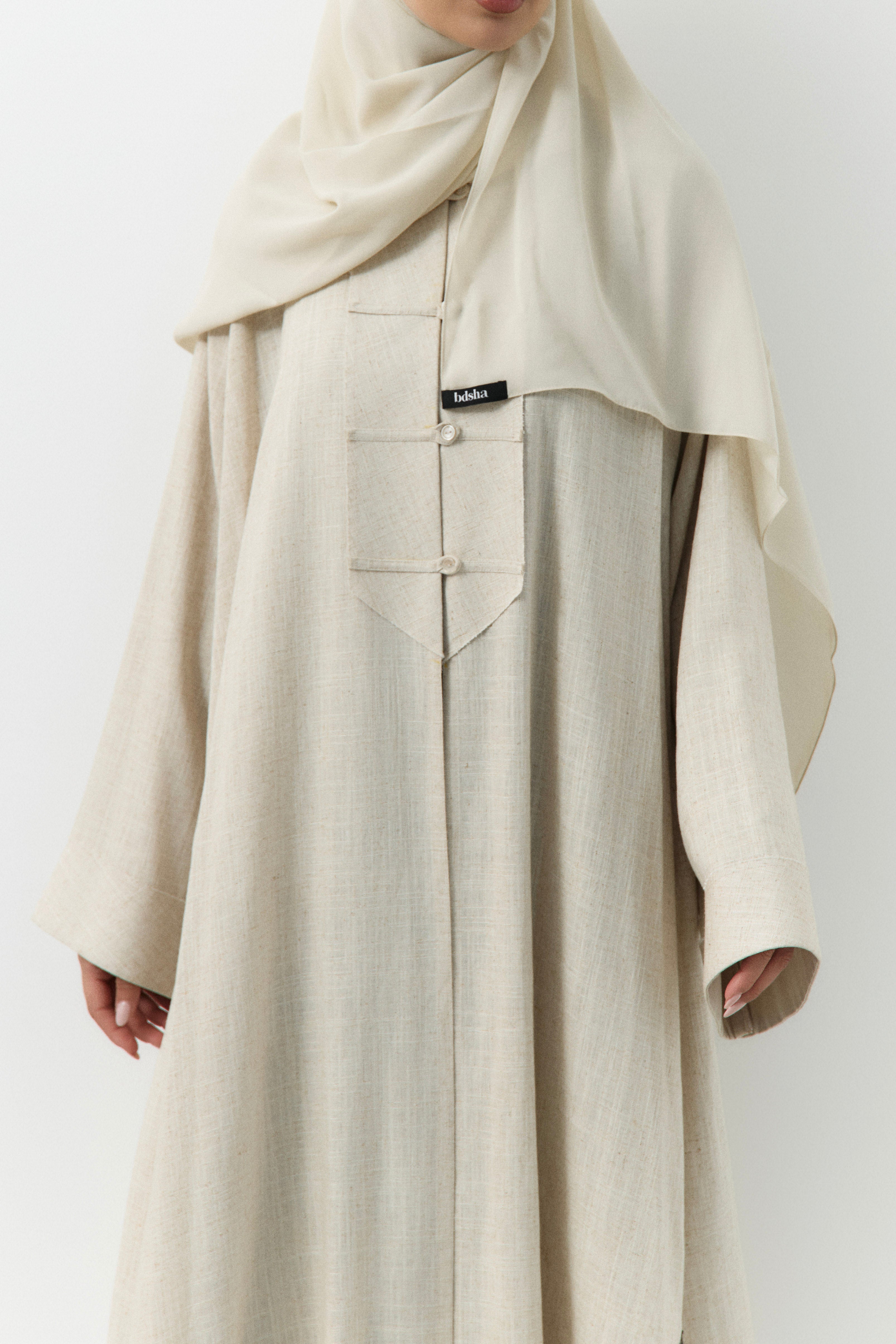 Light Cream Button Down Linen Open Abaya - 3 WEEKS