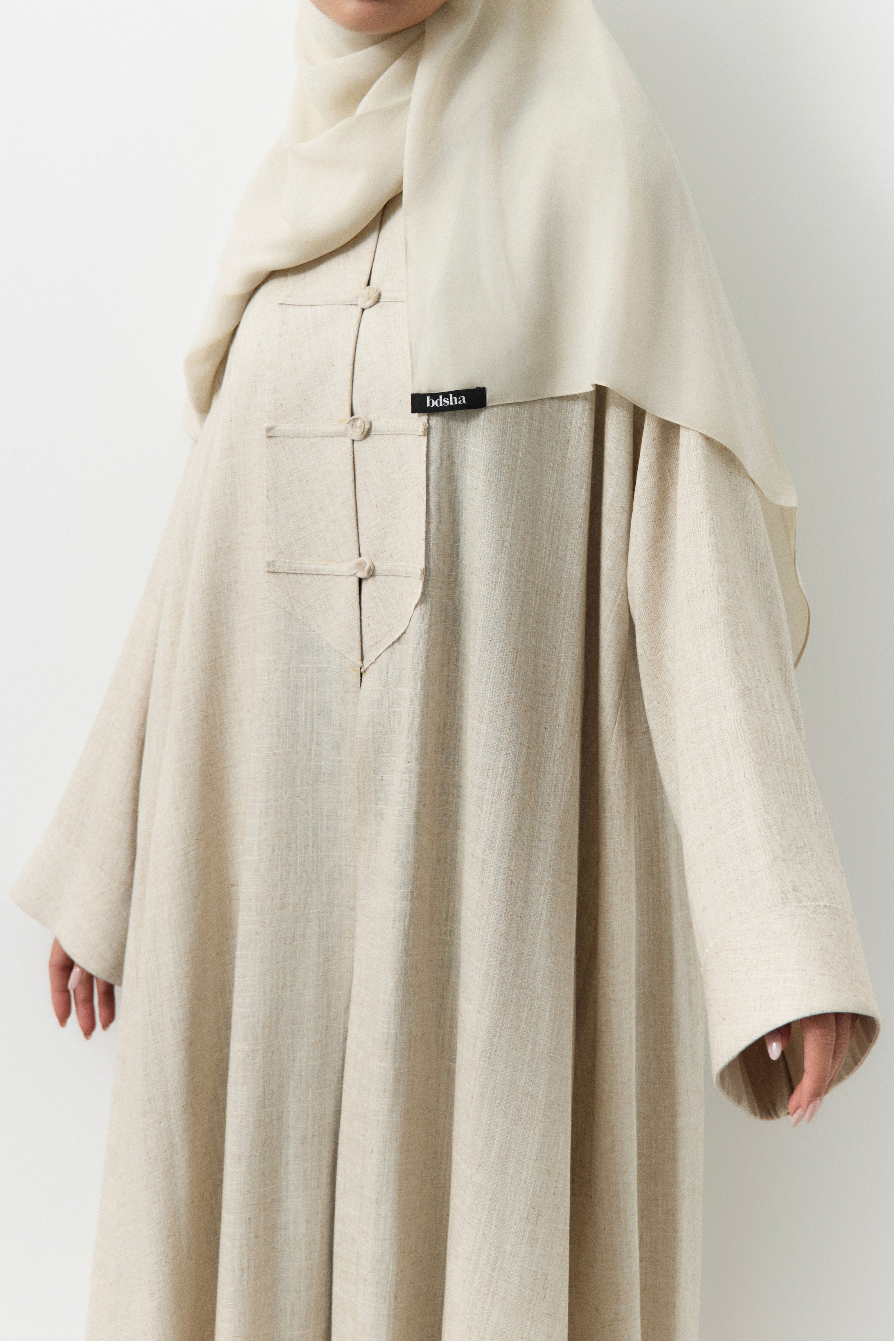 Light Cream Button Down Linen Open Abaya - 3 WEEKS