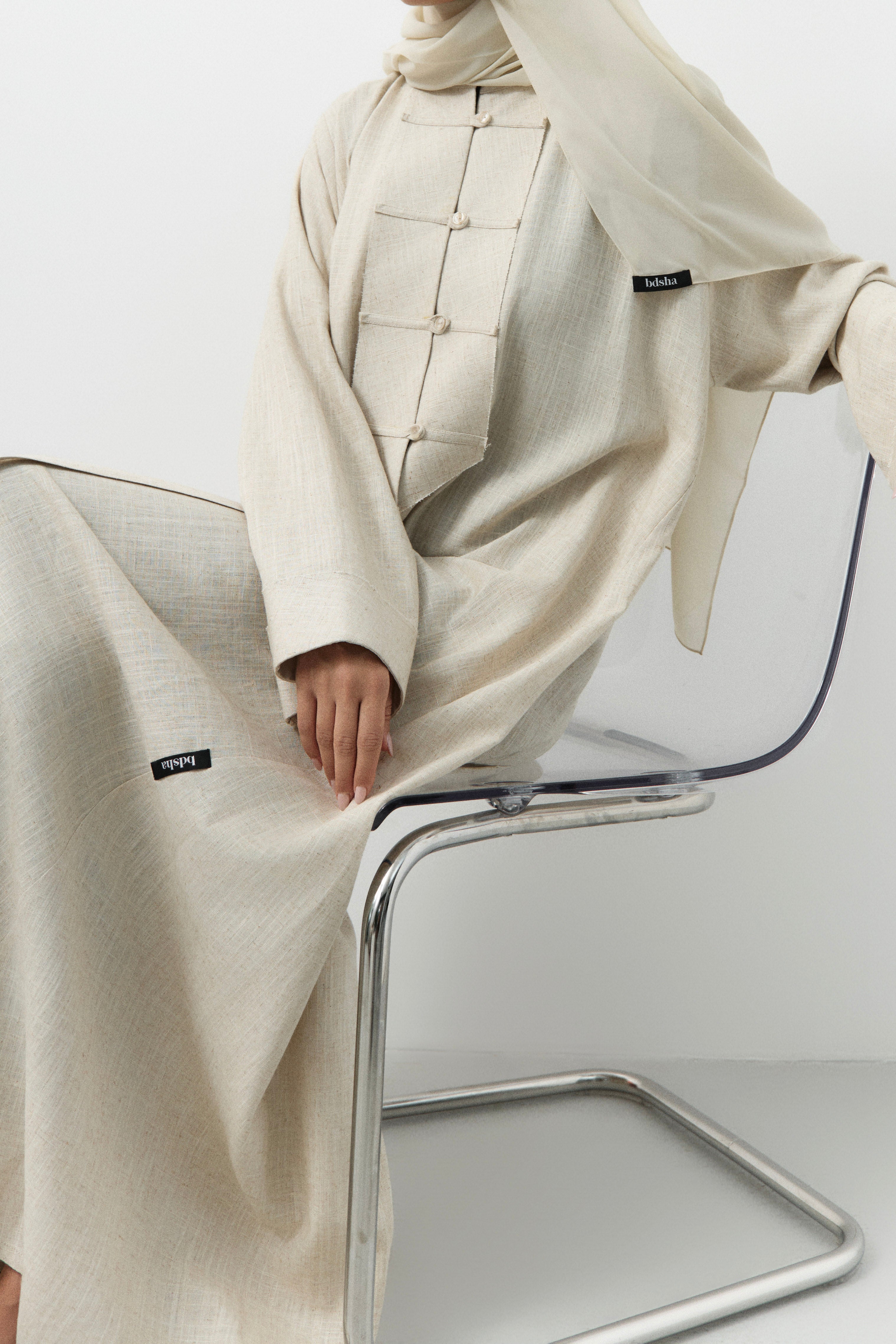 Light Cream Button Down Linen Open Abaya - 3 WEEKS