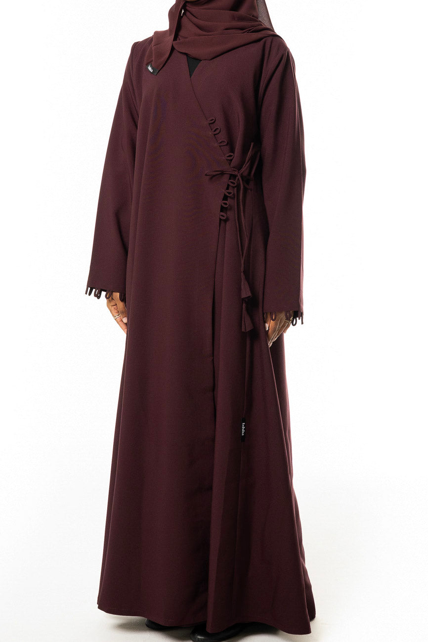 Maroon Loop-Trim Wrap Abaya