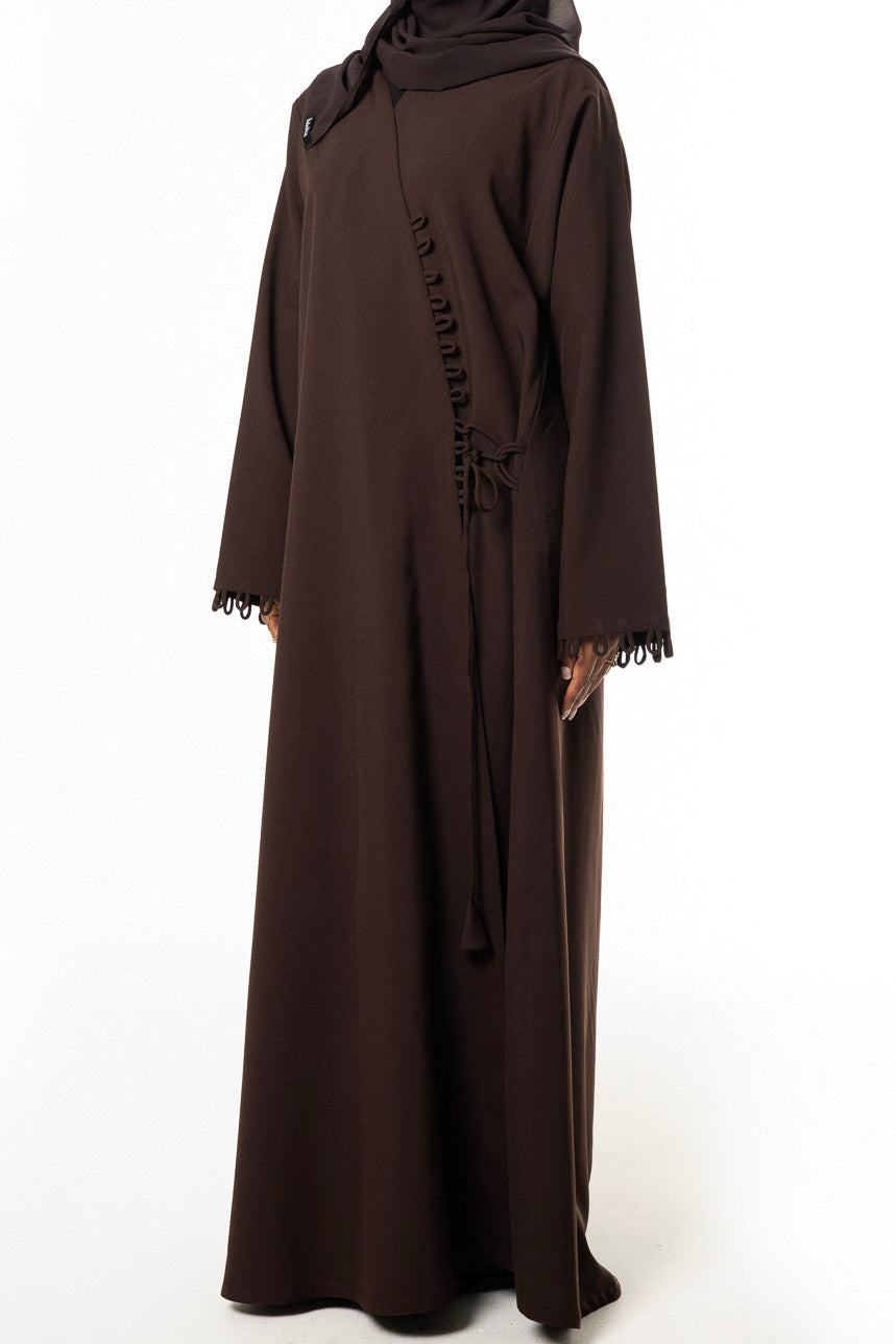 Chocolate Loop-Trim Wrap Abaya