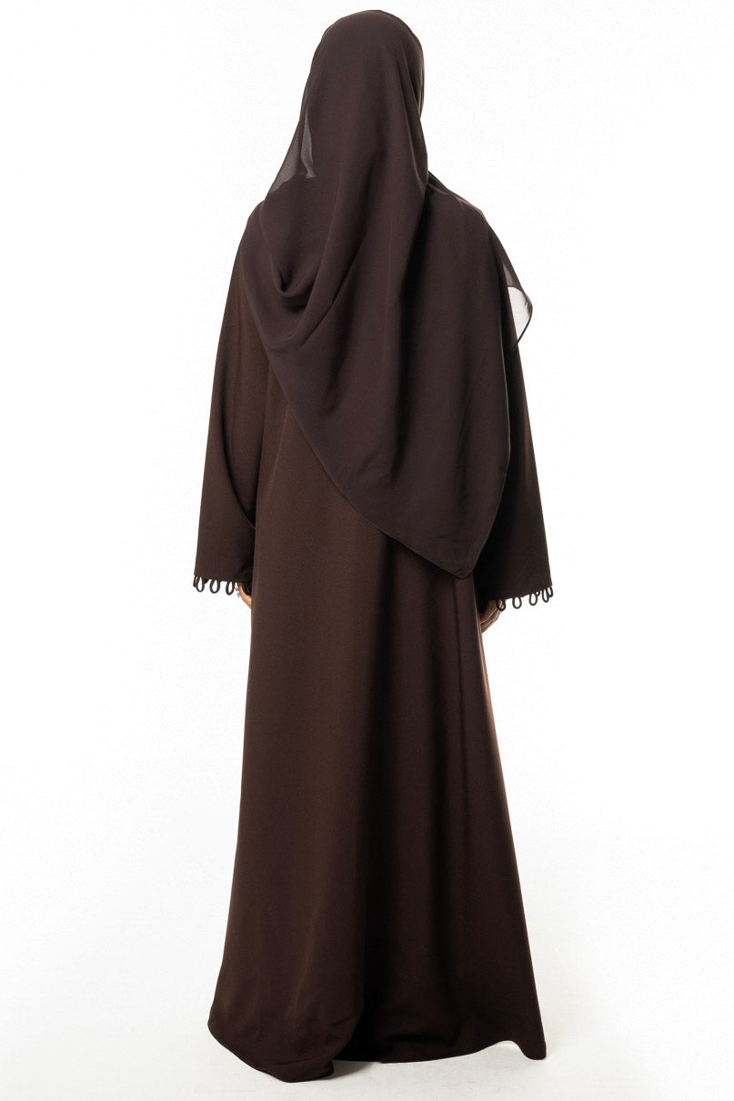 Chocolate Loop-Trim Wrap Abaya