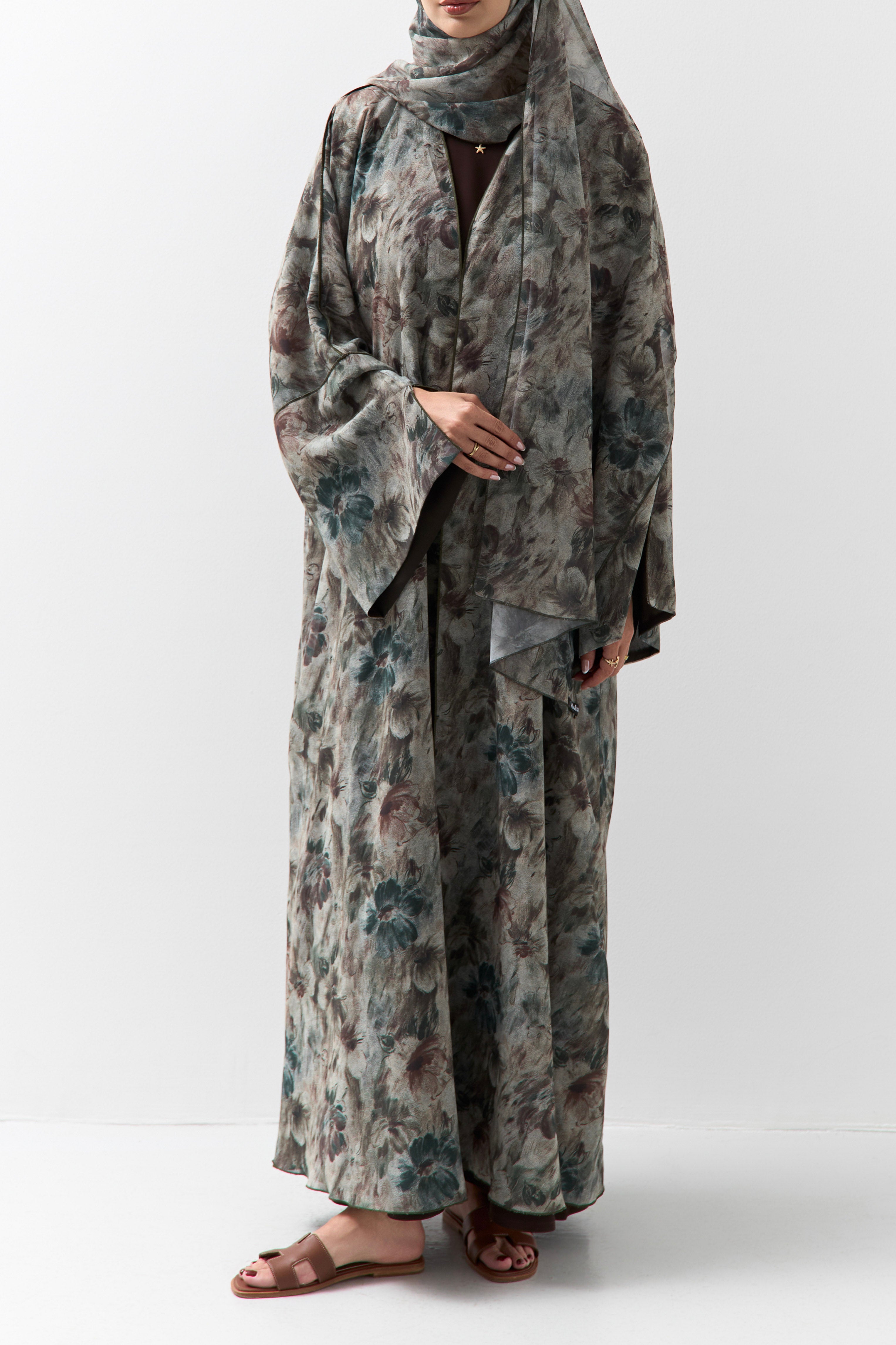 Olive Blossom Printed Reversible Abaya