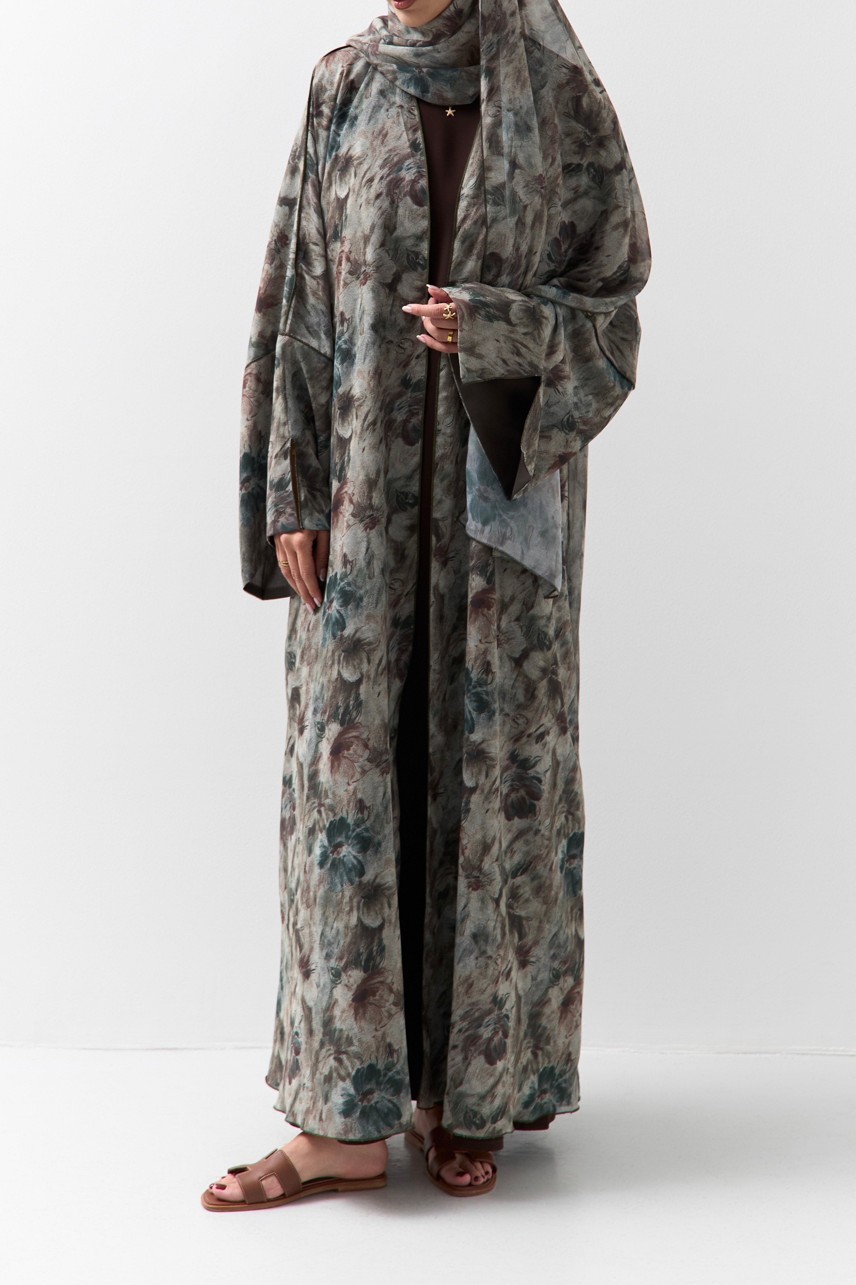 Olive Blossom Printed Reversible Abaya