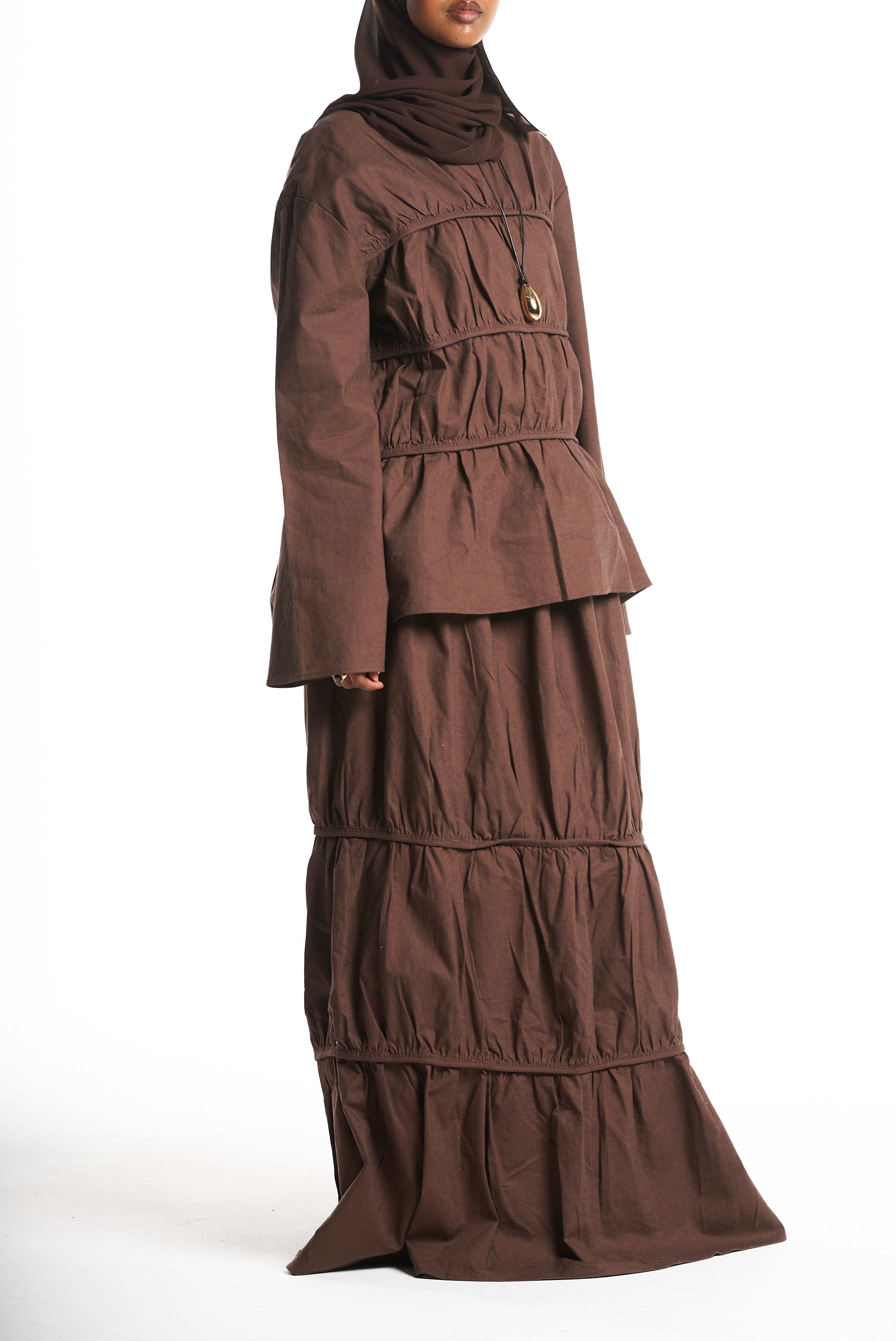 Brown Tiered Peplum Maxi Skirt
