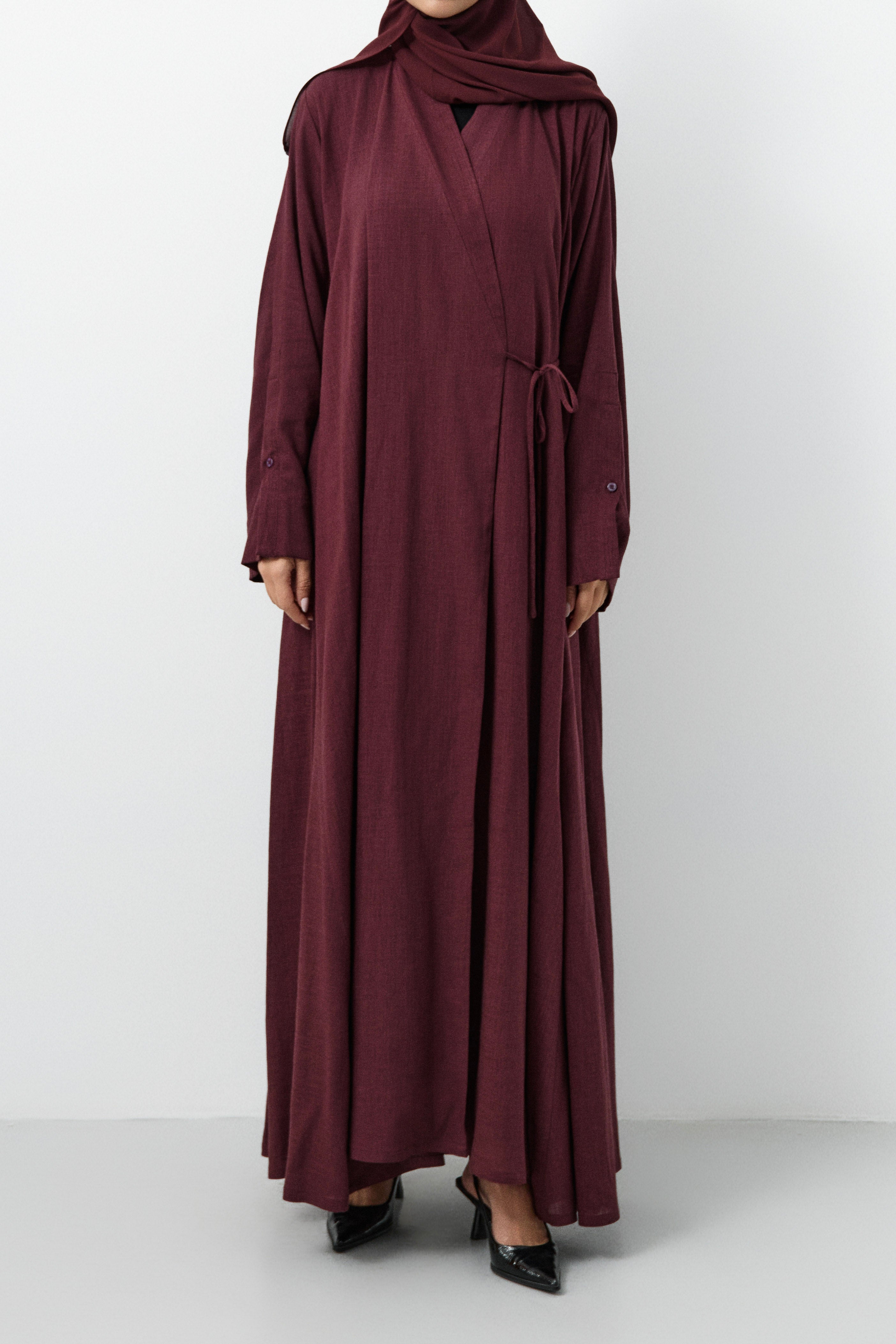 Maroon Linen Wrap Open Abaya - 3 Weeks