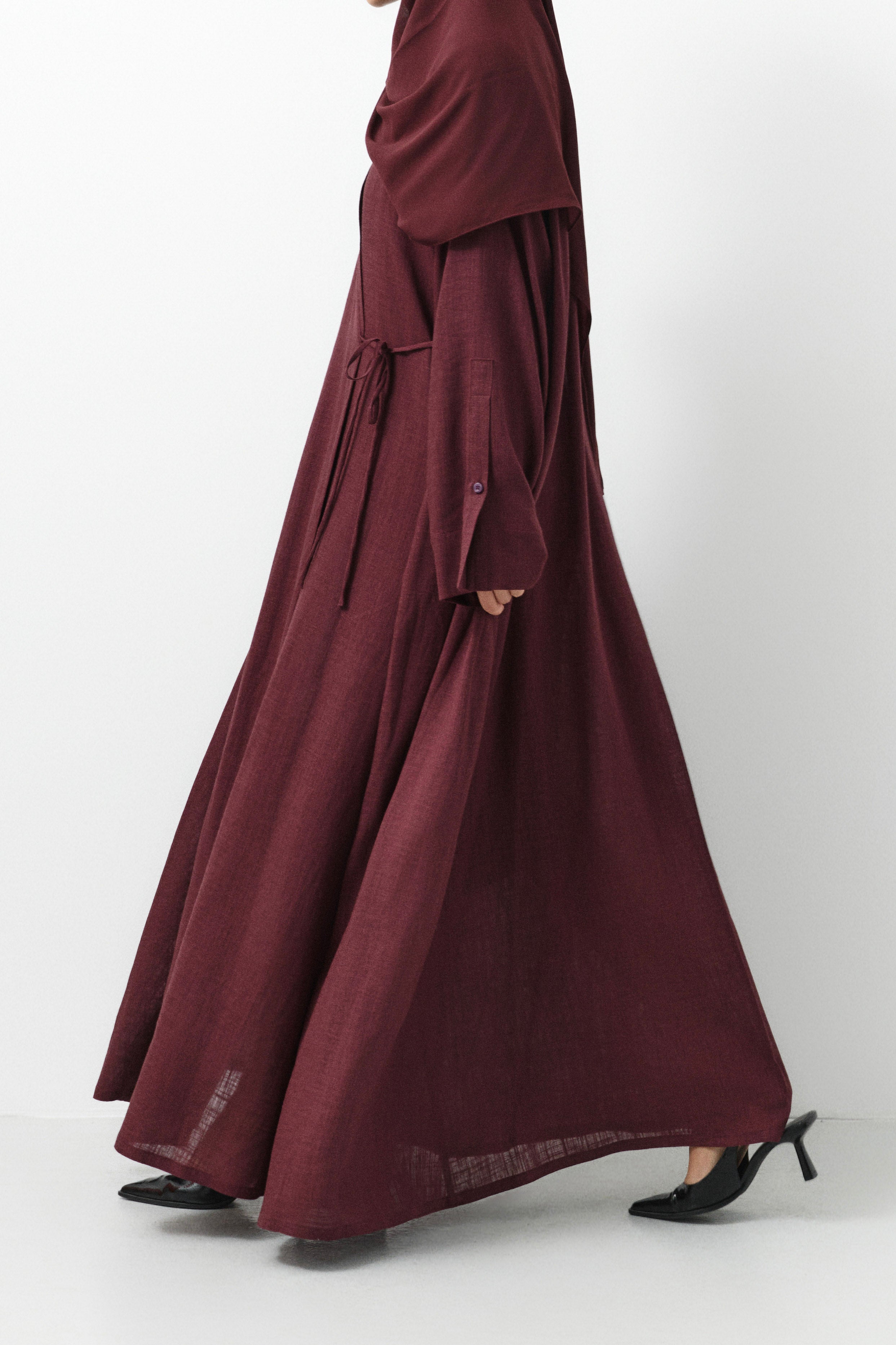 Maroon Linen Wrap Open Abaya - 3 Weeks