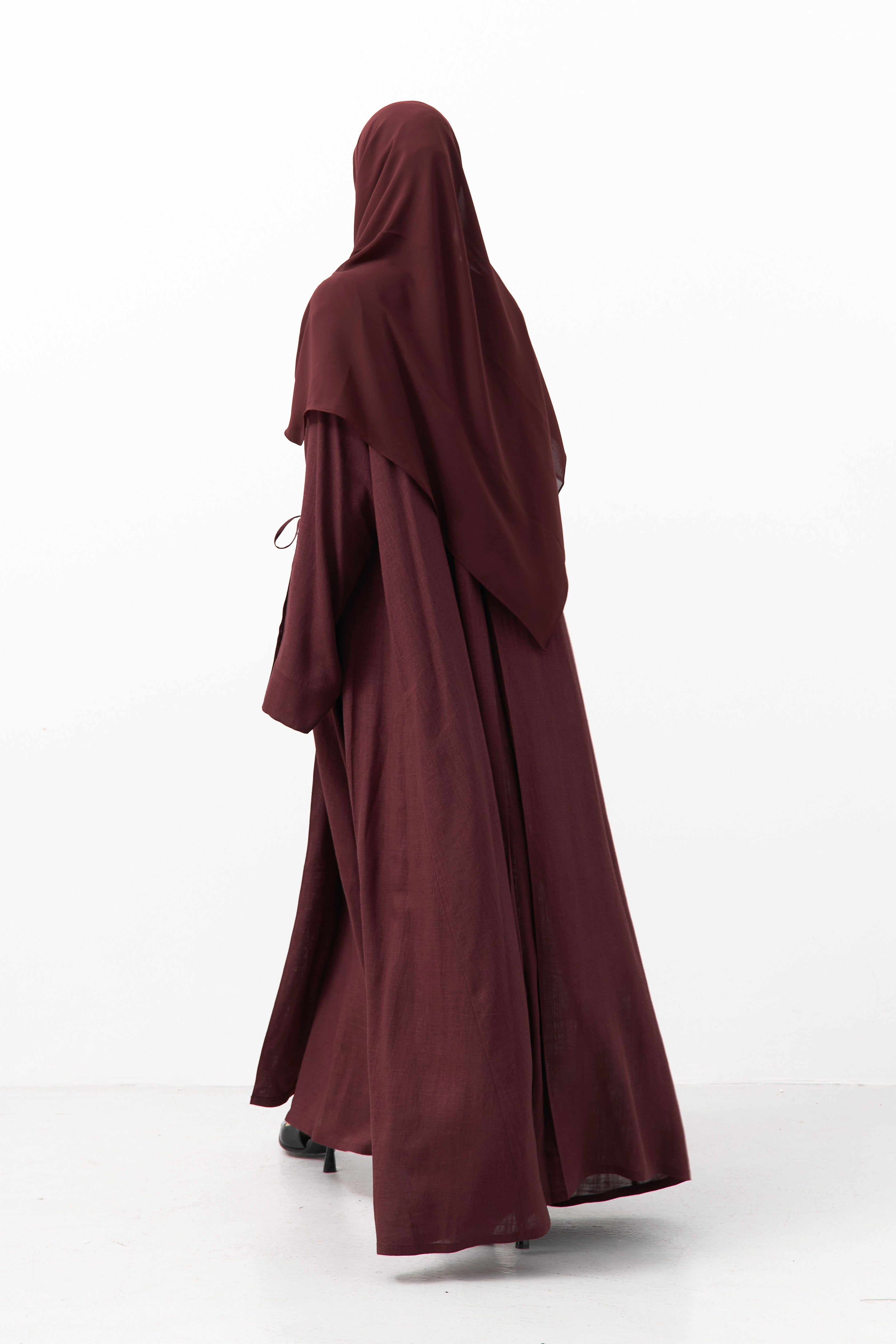 Maroon Linen Wrap Open Abaya - 3 Weeks
