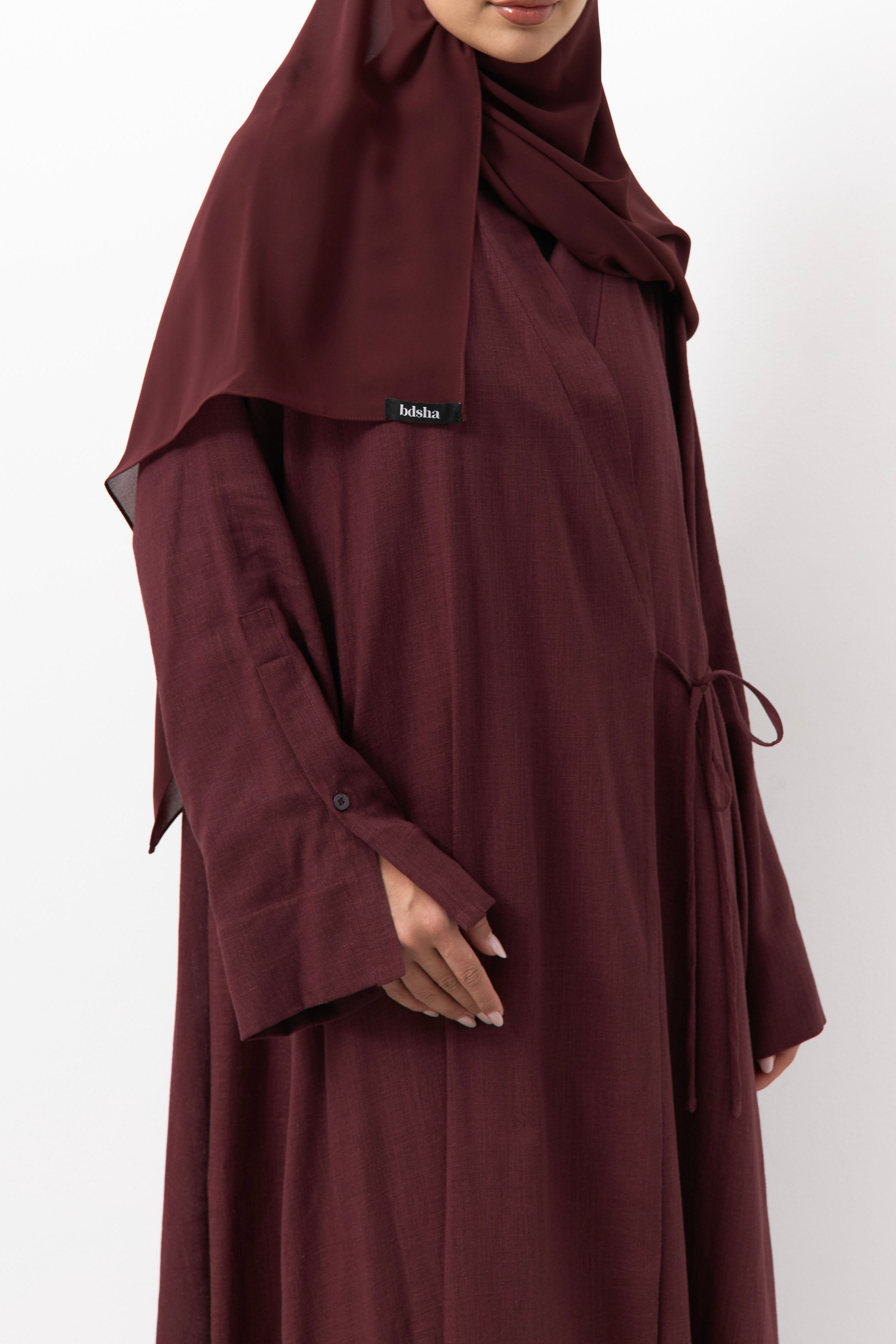 Maroon Linen Wrap Open Abaya - 3 Weeks