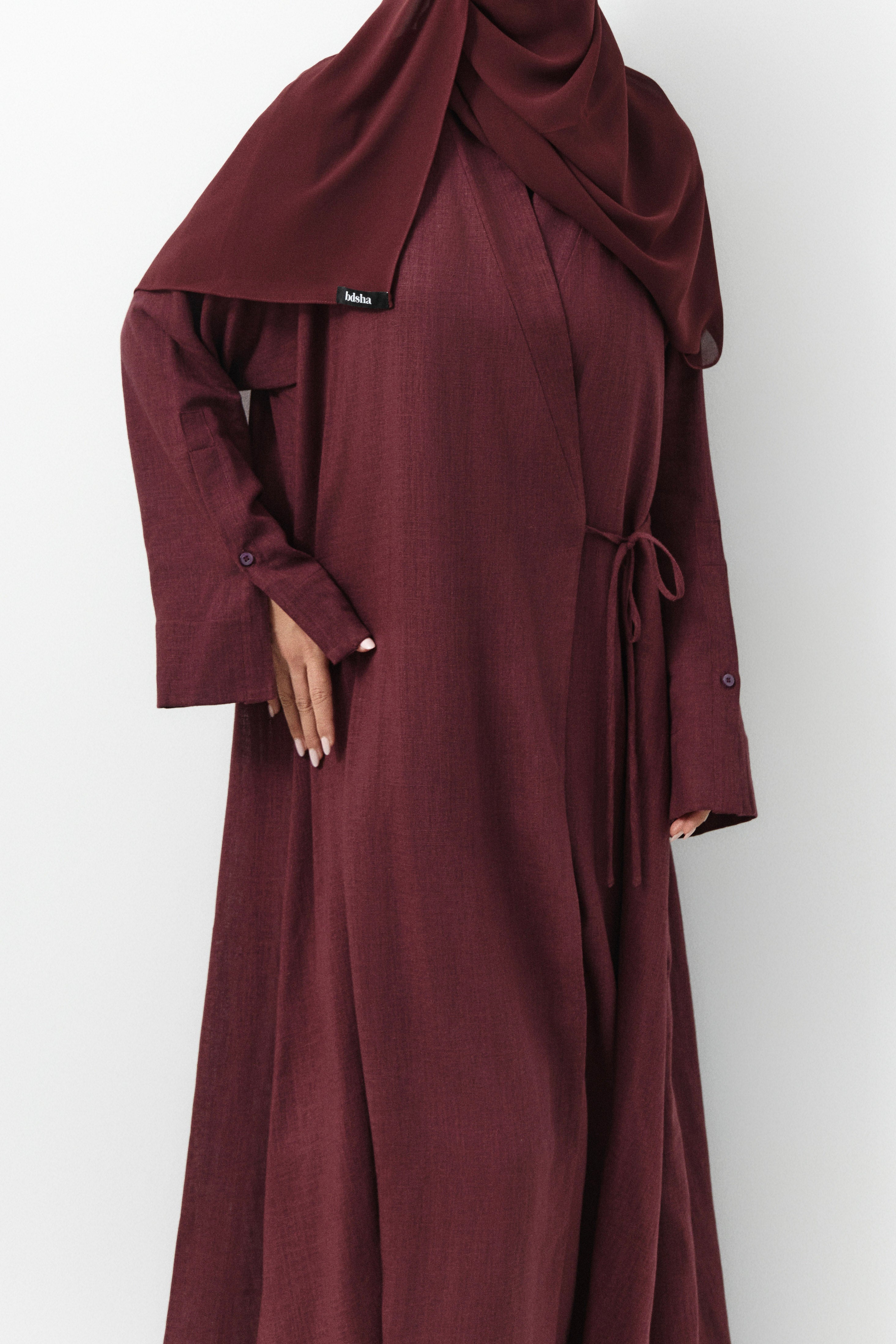 Maroon Linen Wrap Open Abaya - 3 Weeks