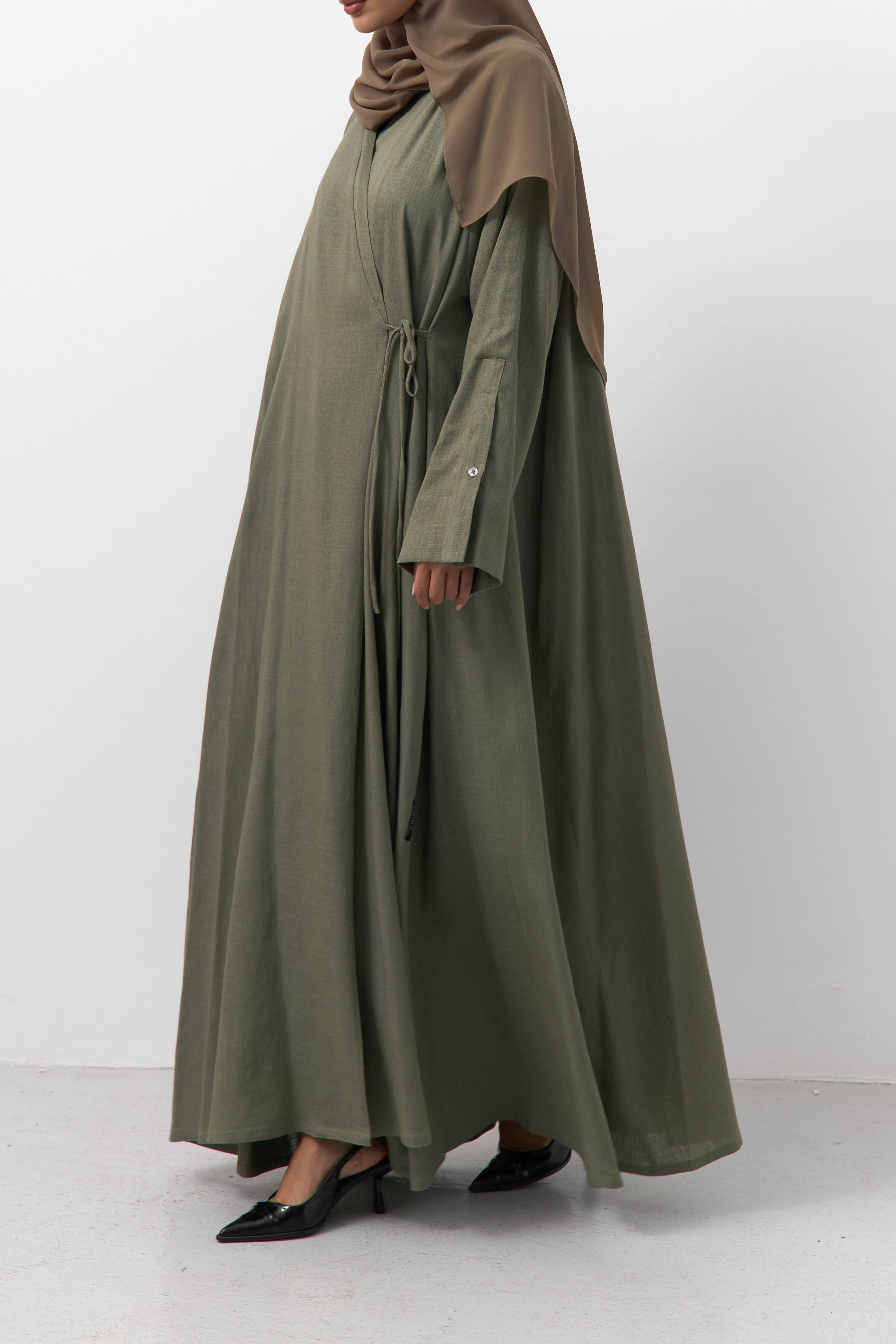 Sage Linen Wrap Open Abaya