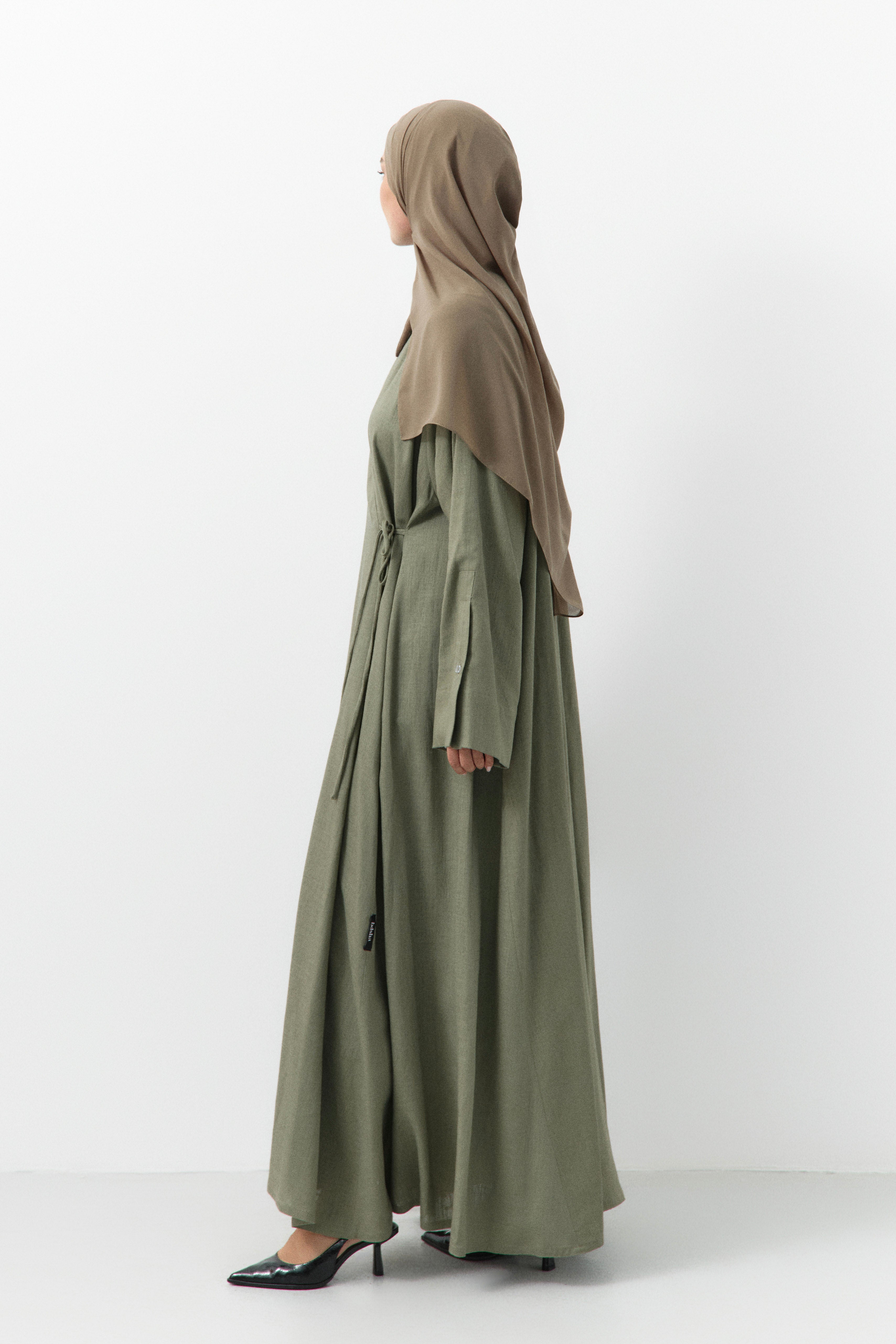Sage Linen Wrap Open Abaya