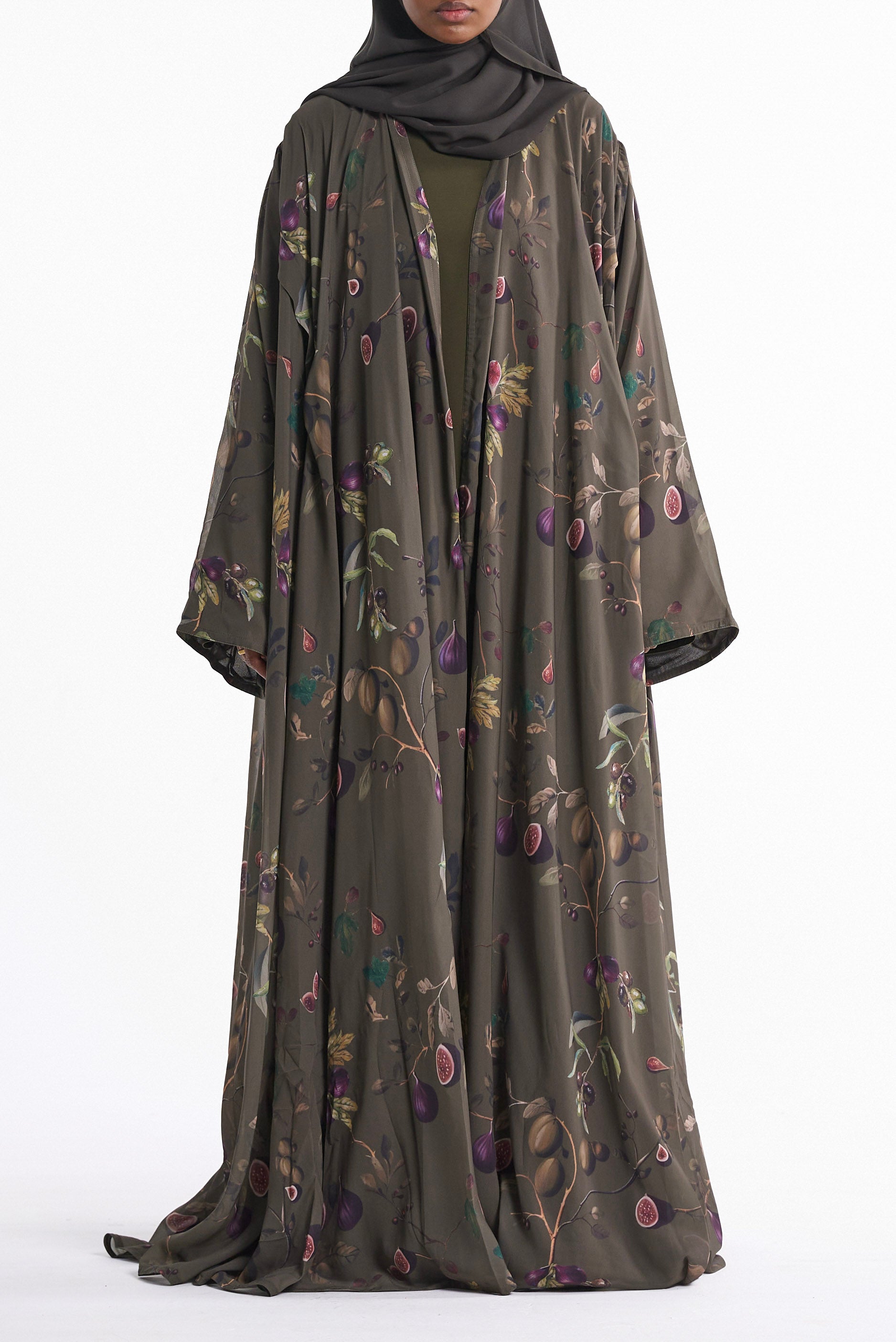 Fig & Olive Printed Open Abaya