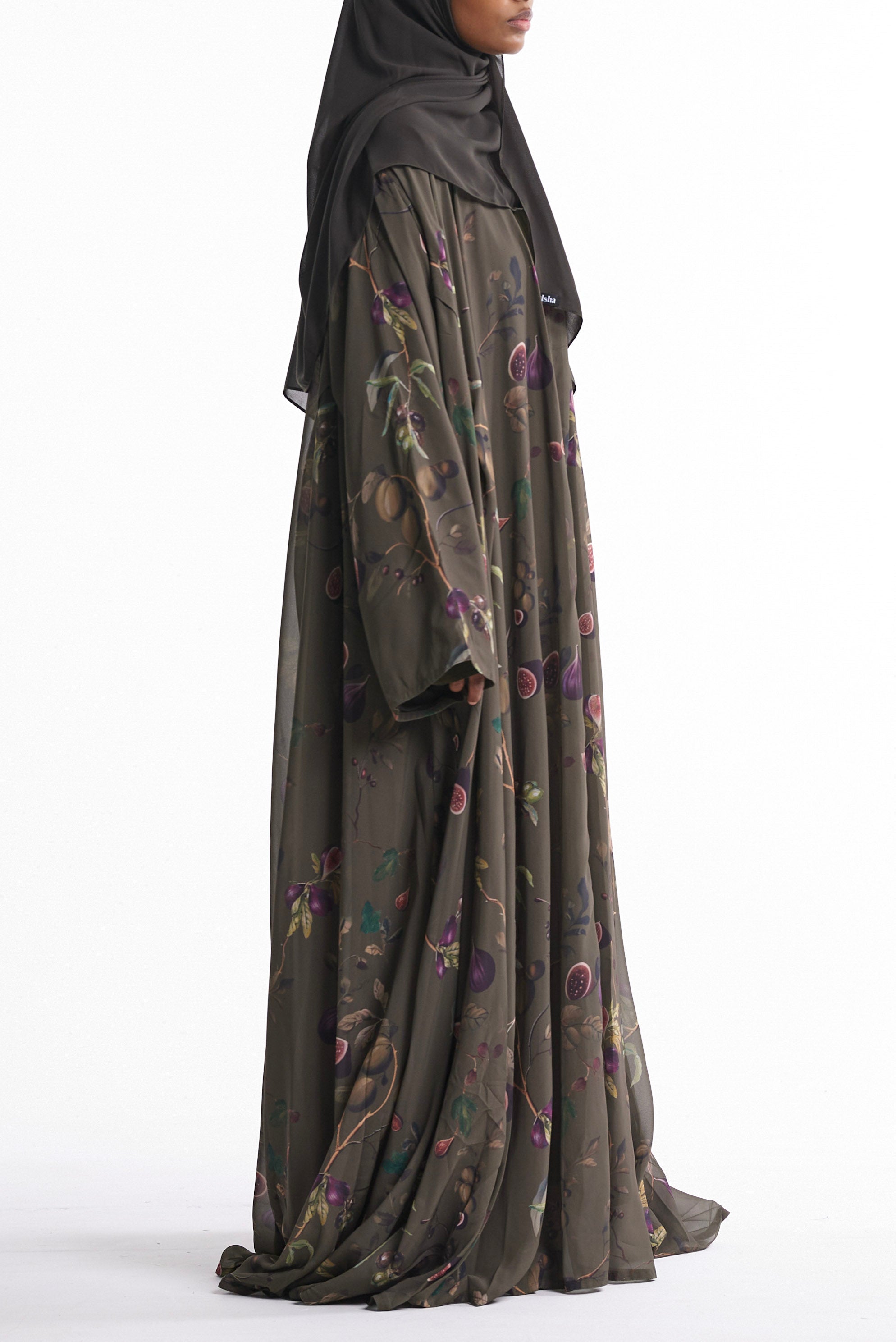 Fig & Olive Printed Open Abaya