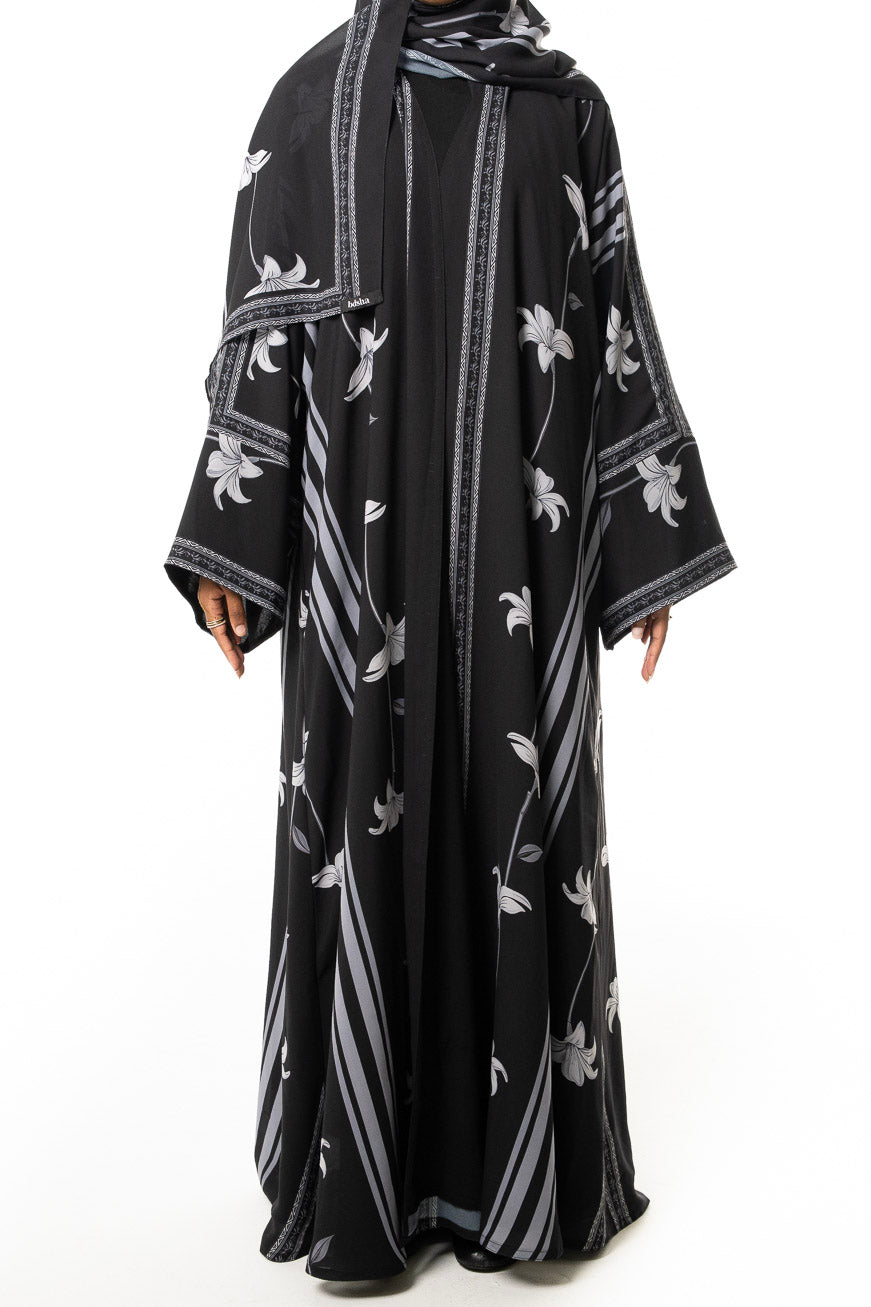 Black Lily Print Abaya