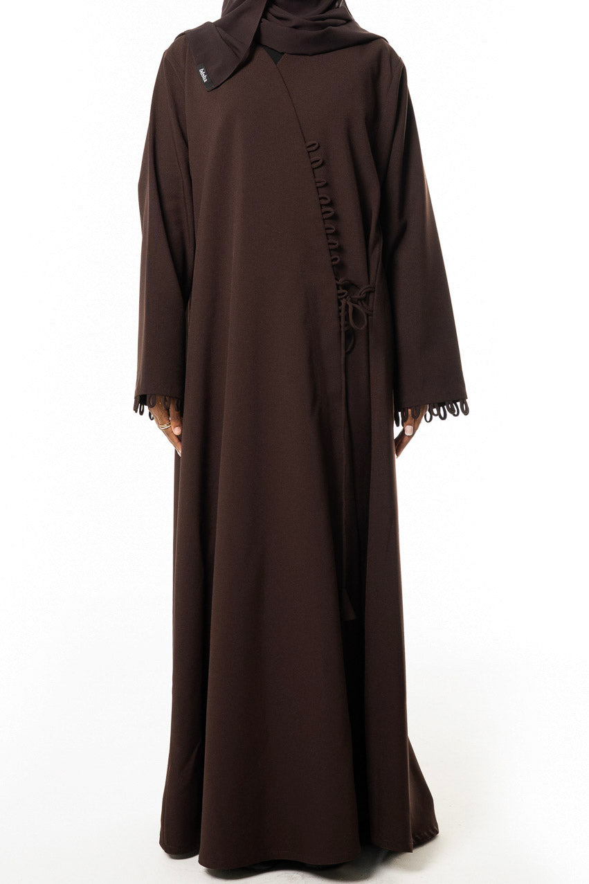 Chocolate Loop-Trim Wrap Abaya