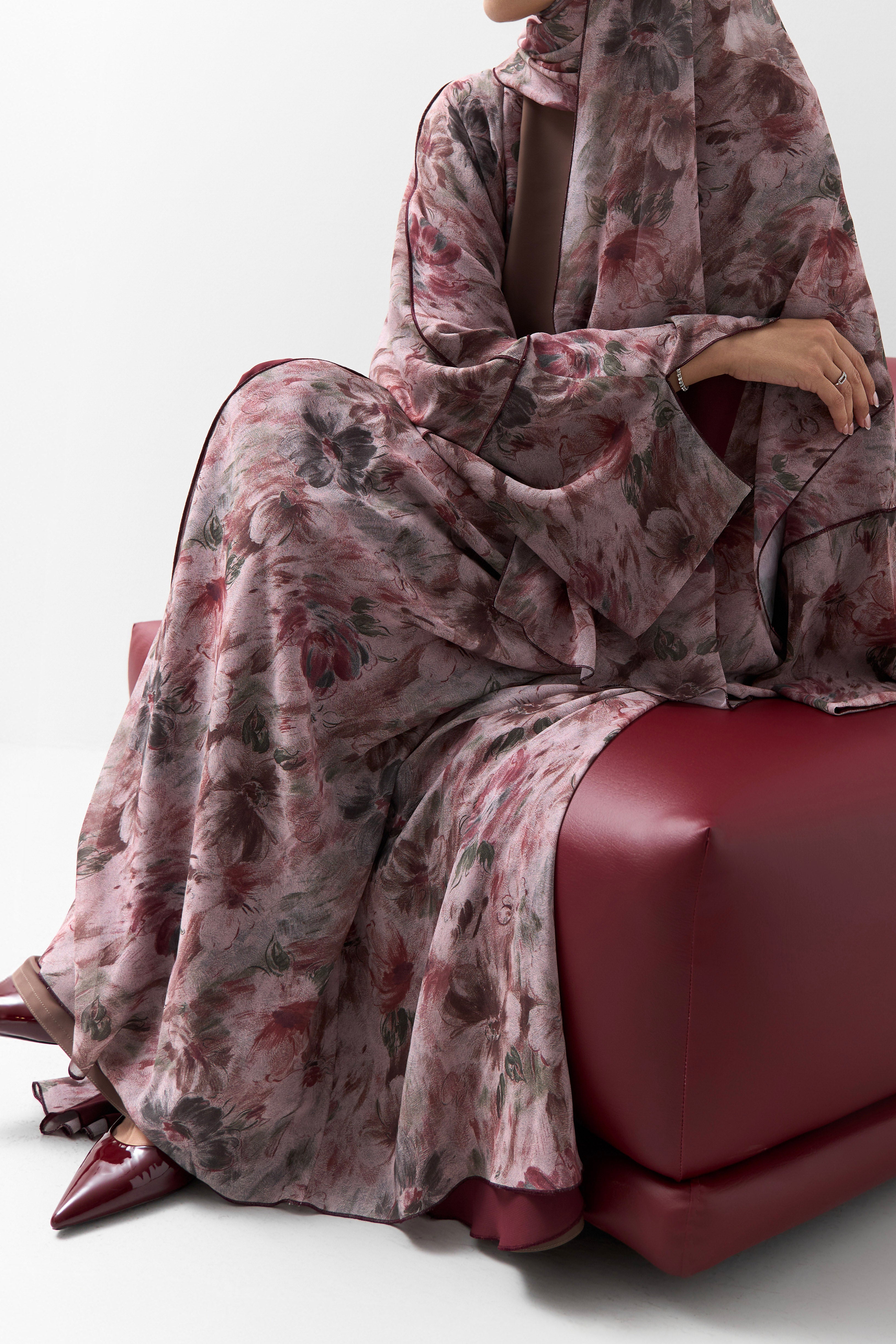 Maroon Floral Printed Reversible Abaya